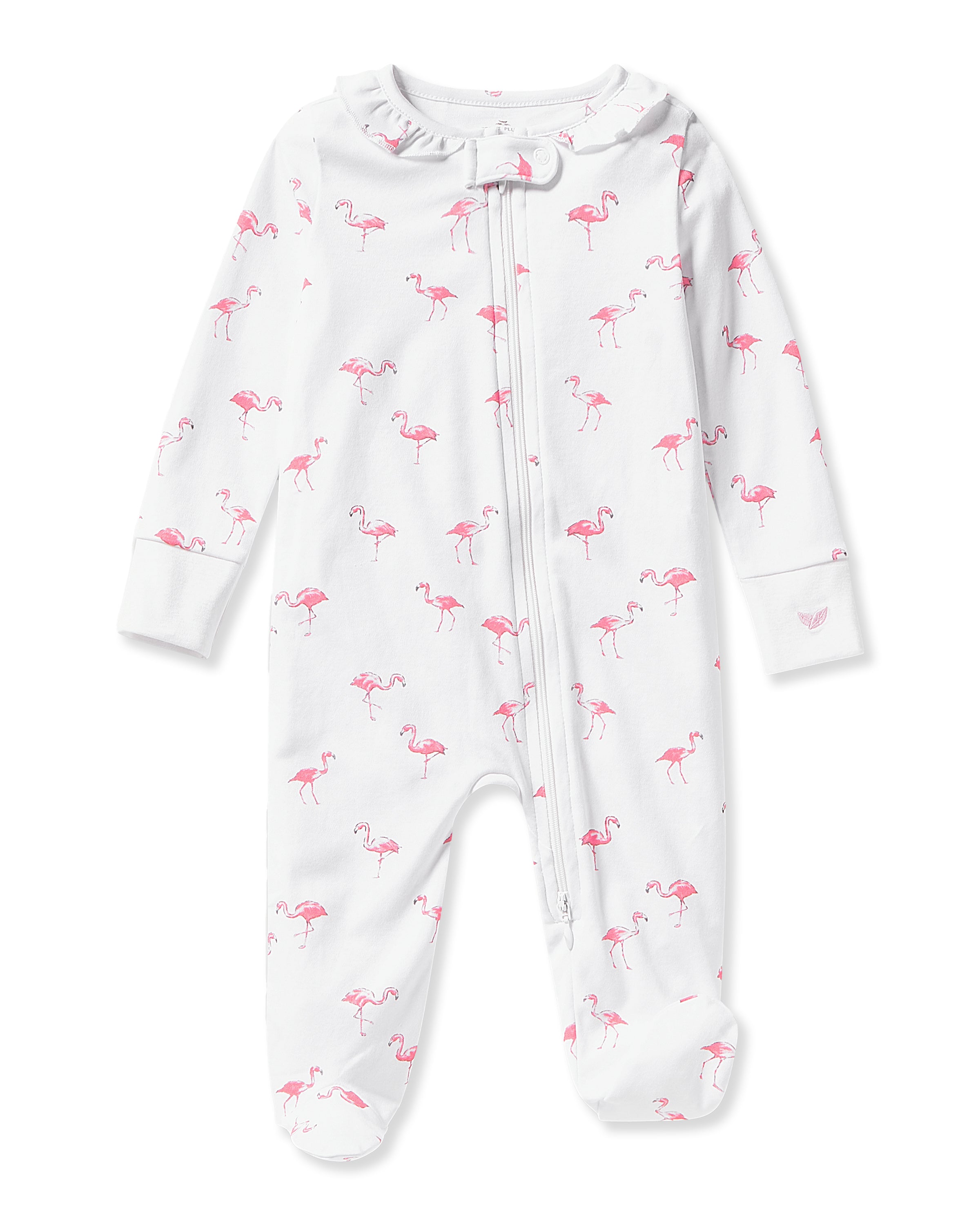 The Petite Plume Babys Pima Ruffle Collar Romper in Flamingo is a white, long-sleeved onesie made from ultra-breathable 100% Pima cotton. It showcases a playful pink flamingo pattern and features a front zipper running from neck to foot for easy dressing, along with small ruffles around the collar.