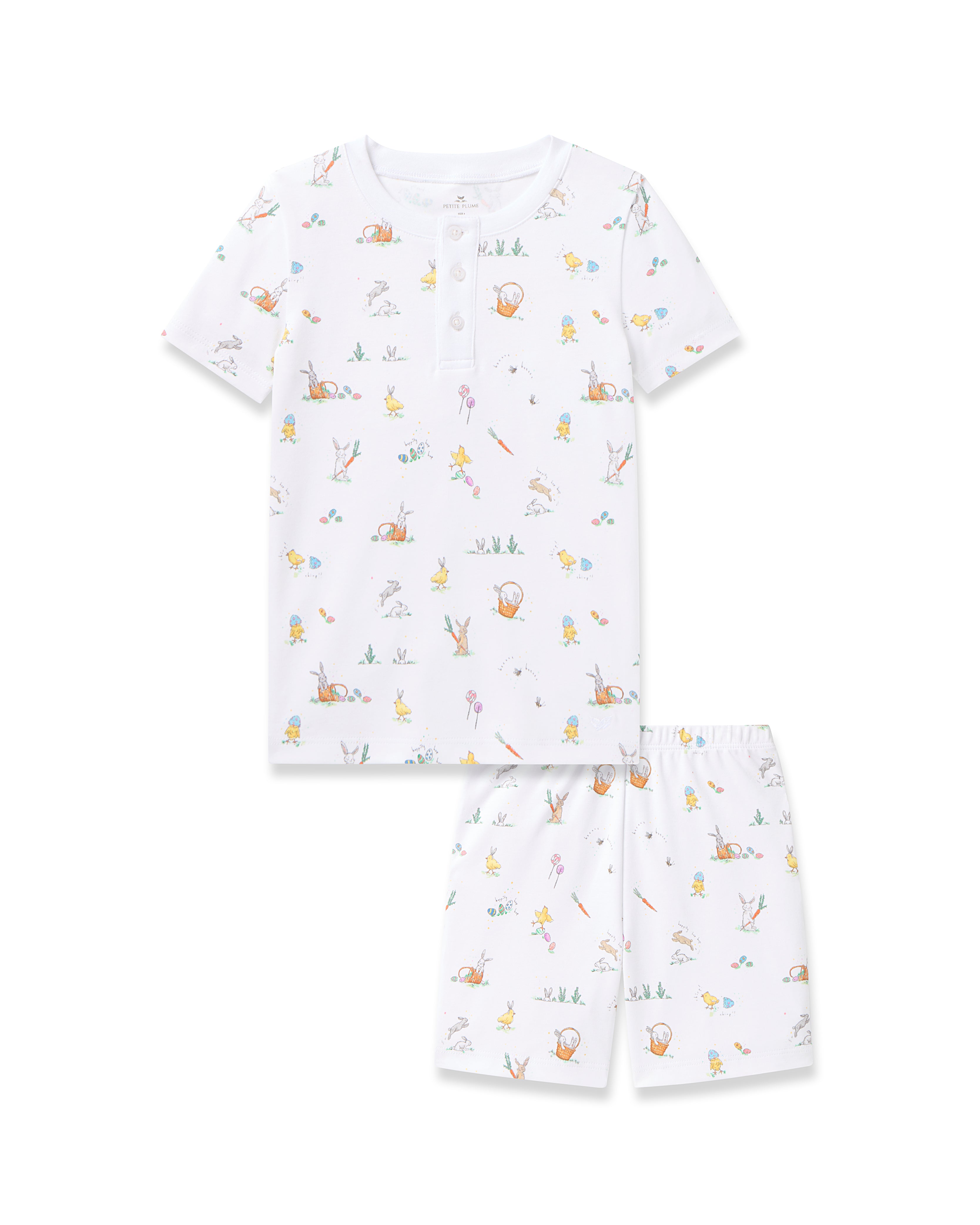 The Kids Pima Snug Fit Short Set in Easter Frolic by Petite Plume features a soft Pima cotton short-sleeve top and shorts with playful animal and plant prints on a white background, offering comfort and delight for any bedtime adventure.