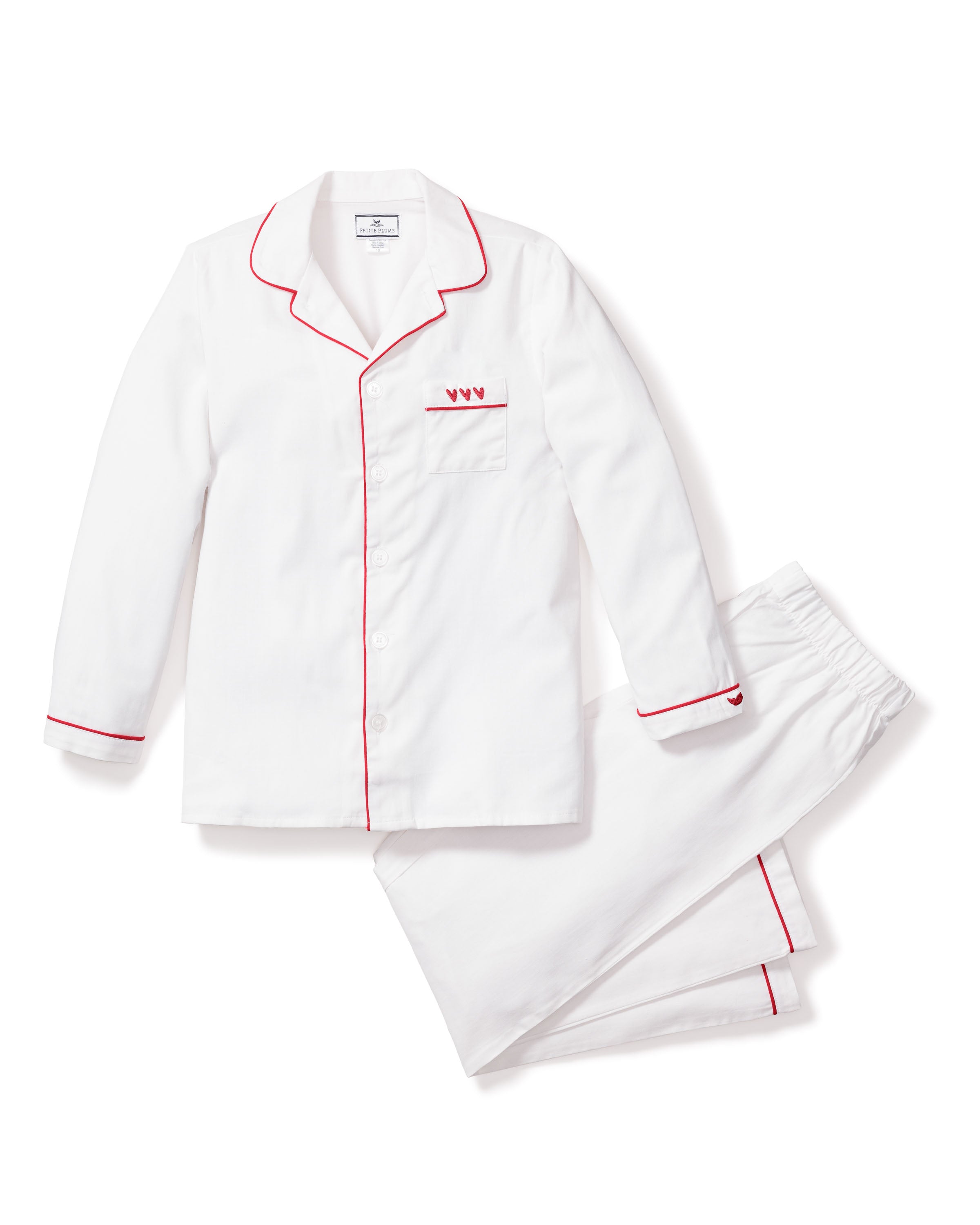 Kid's White Twill Pajama Set with Heart Embroidery