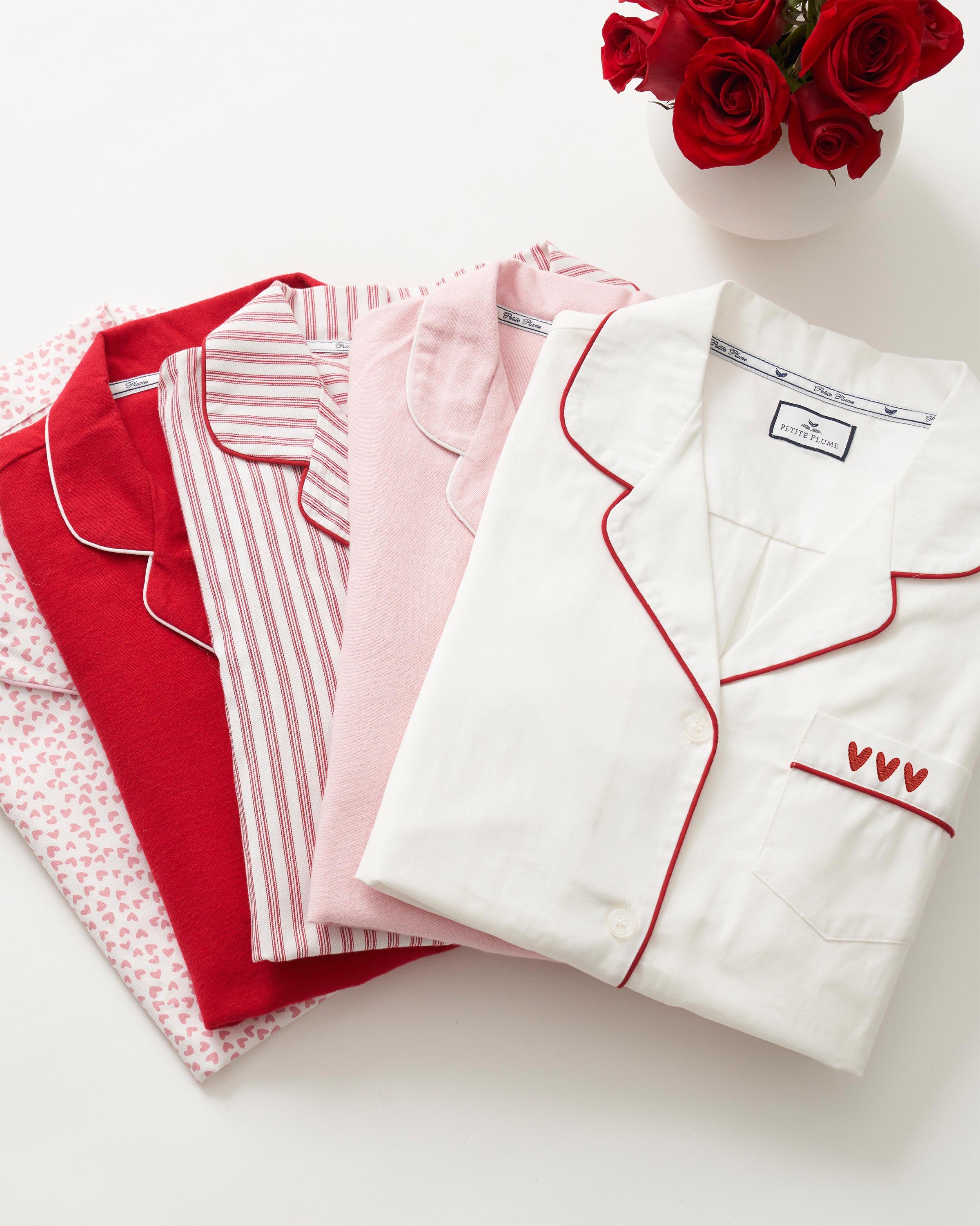 Kid's White Twill Pajama Set with Heart Embroidery