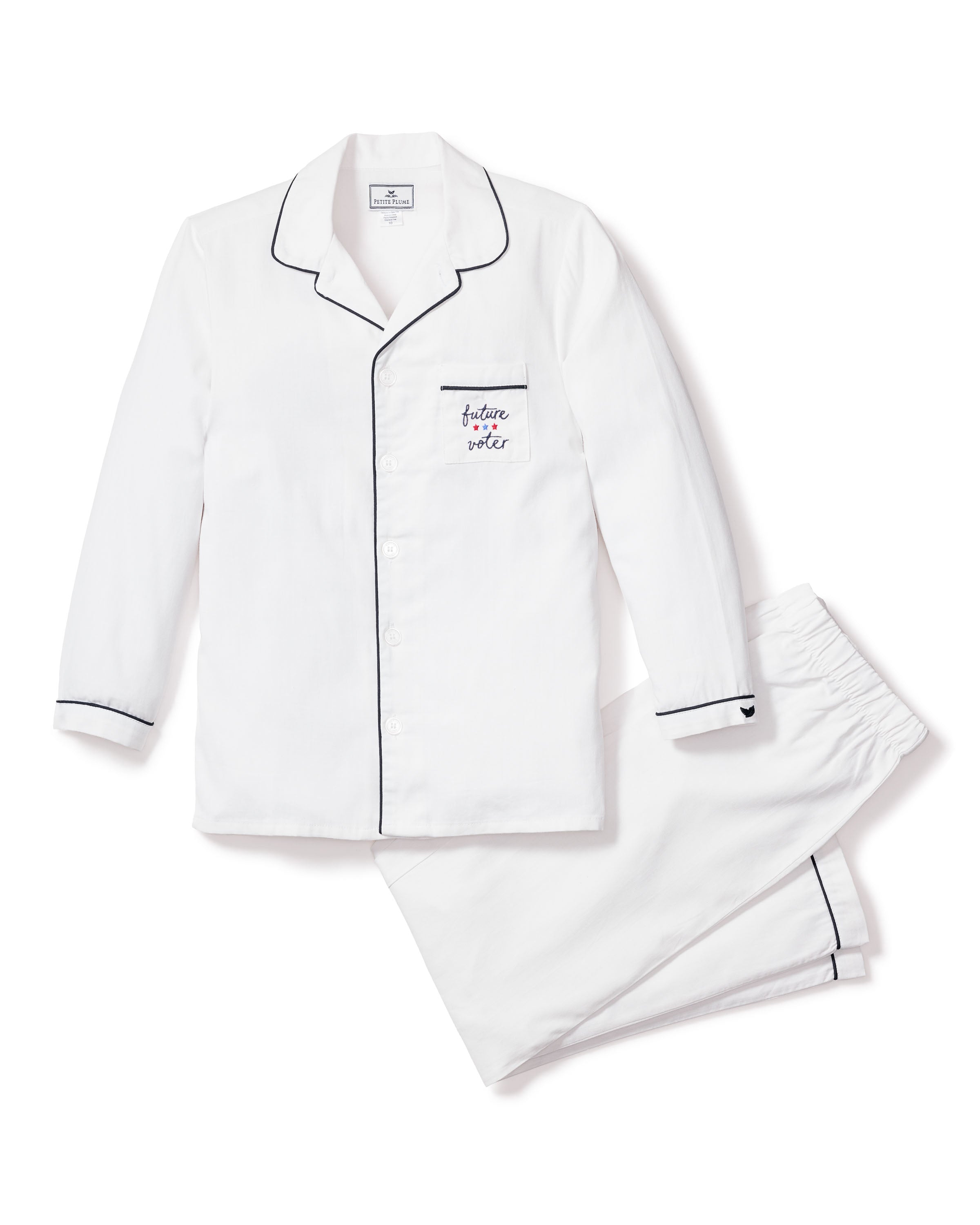 Kid's Twill Pajama Set in White with Navy Piping Future Voter