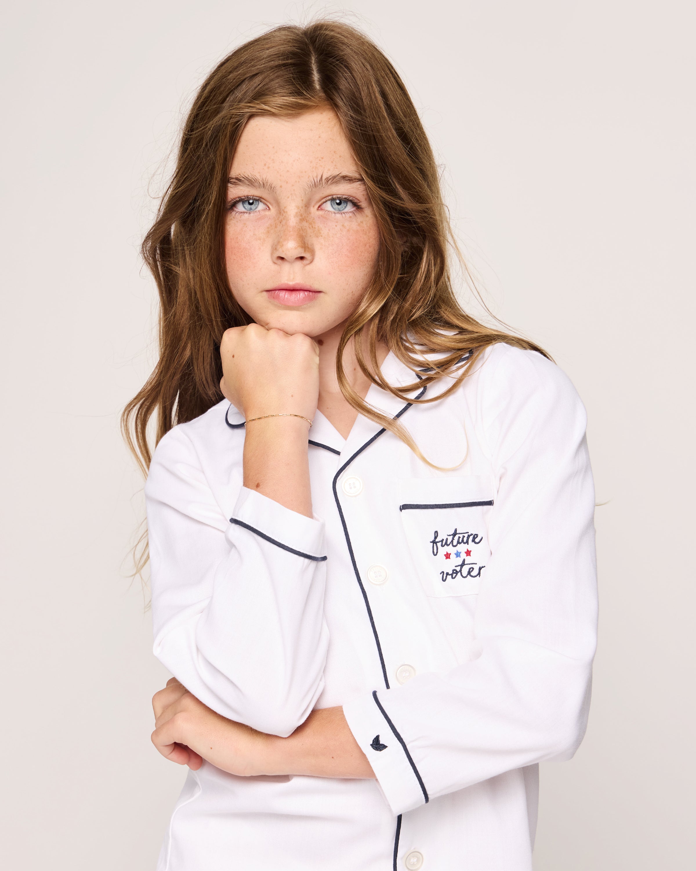 Kid's Twill Pajama Set in White with Navy Piping Future Voter