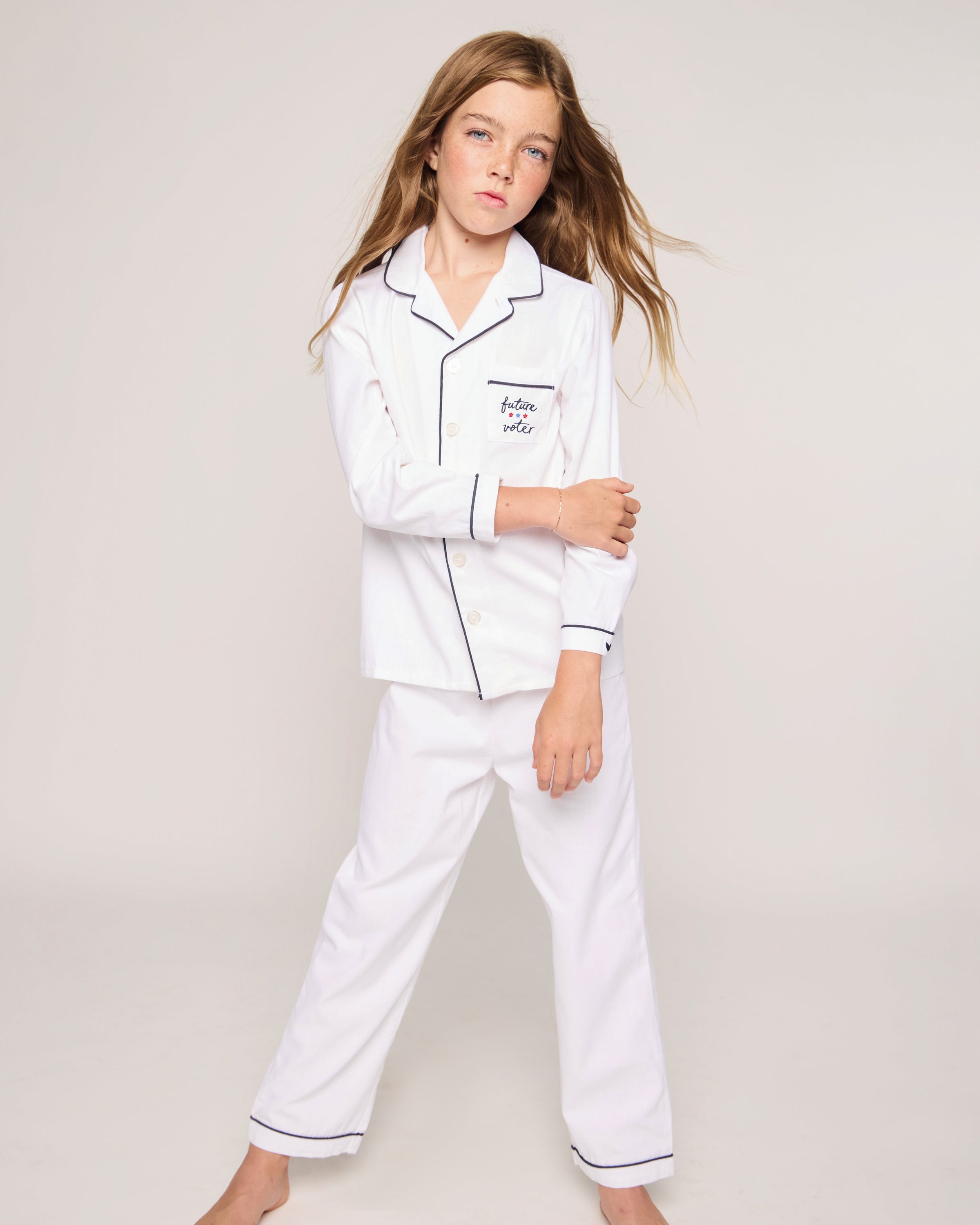 Kid's Twill Pajama Set in White with Navy Piping Future Voter