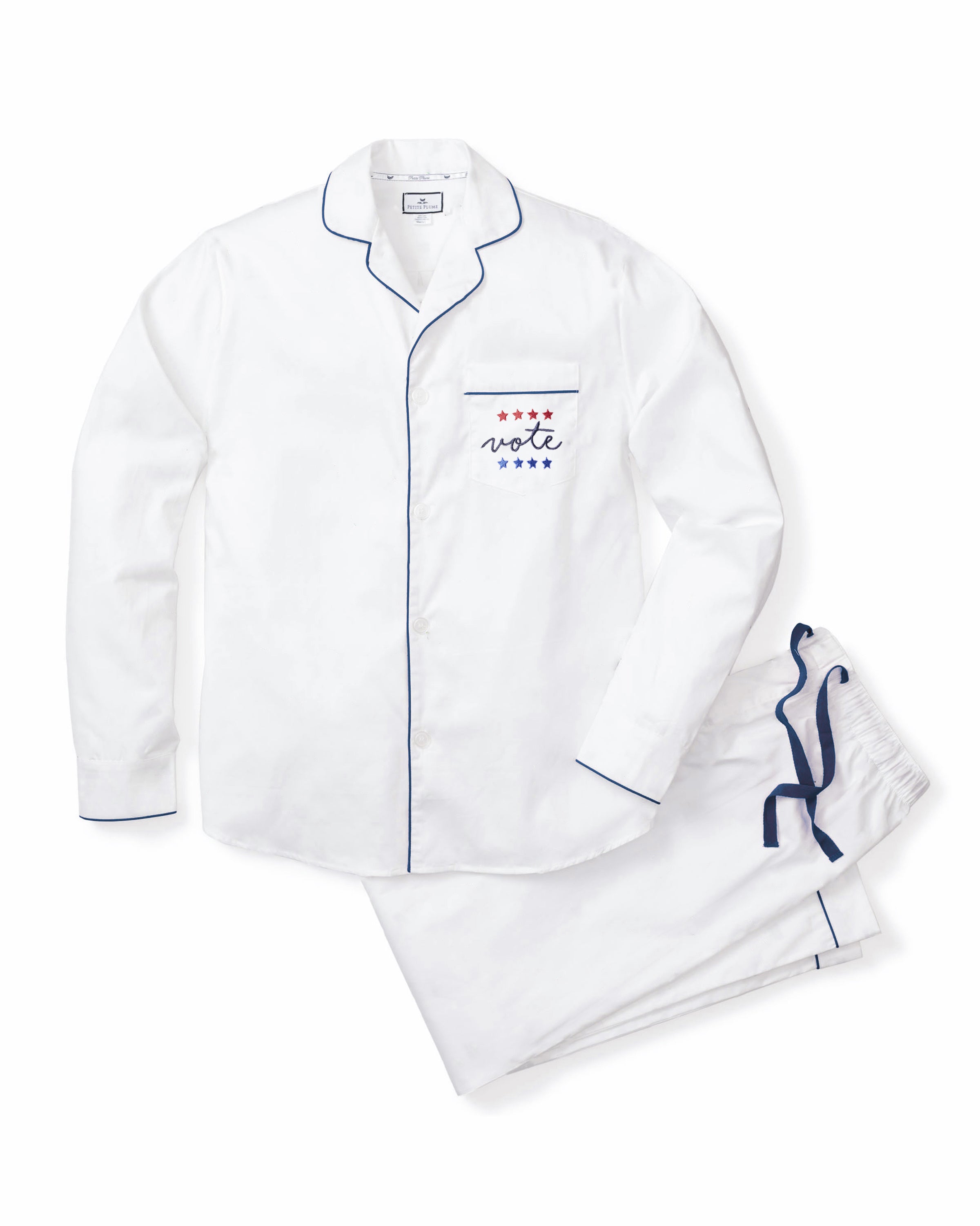 Men's Twill Pajama Set in White with Navy Piping Vote