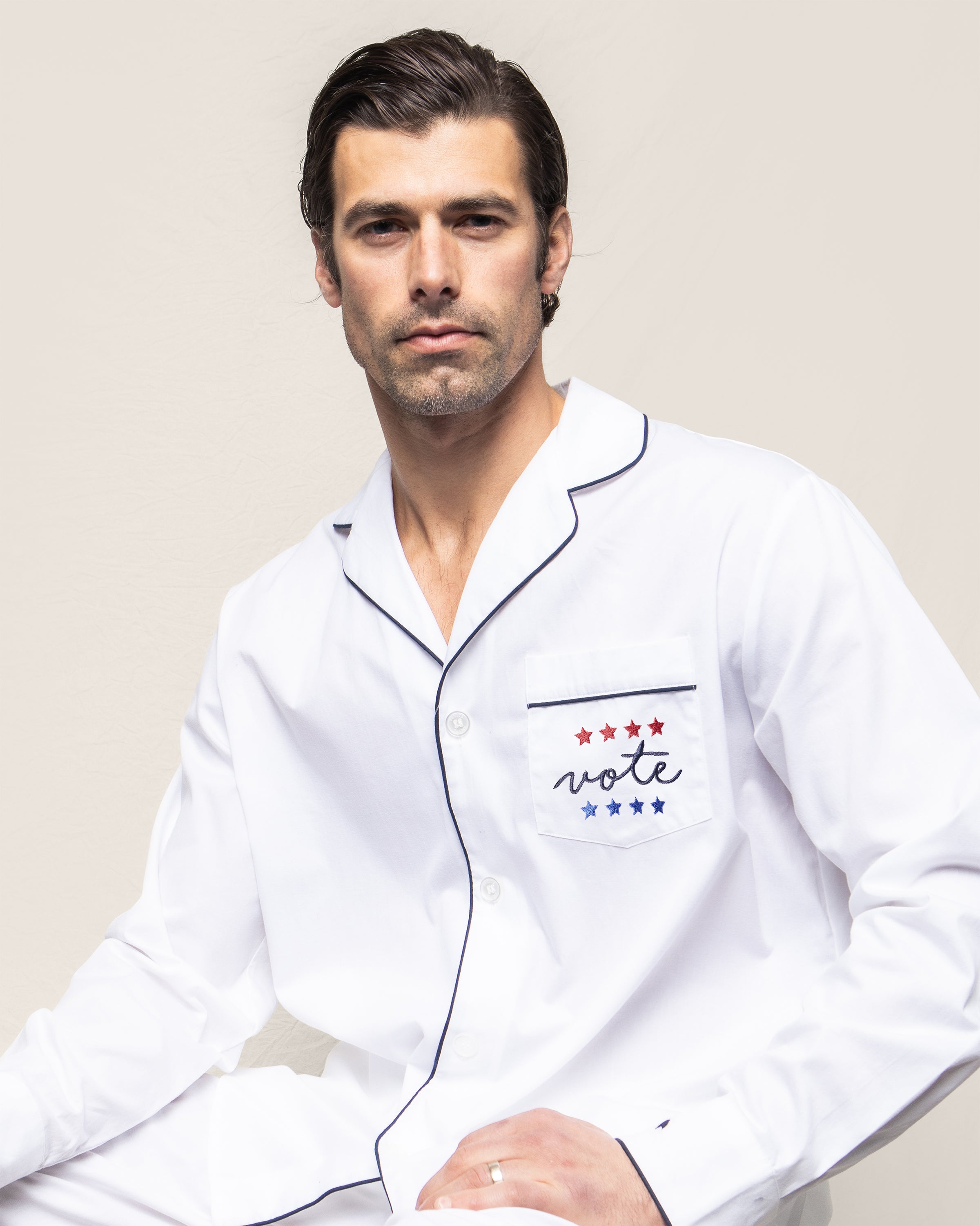 Men's Twill Pajama Set in White with Navy Piping Vote