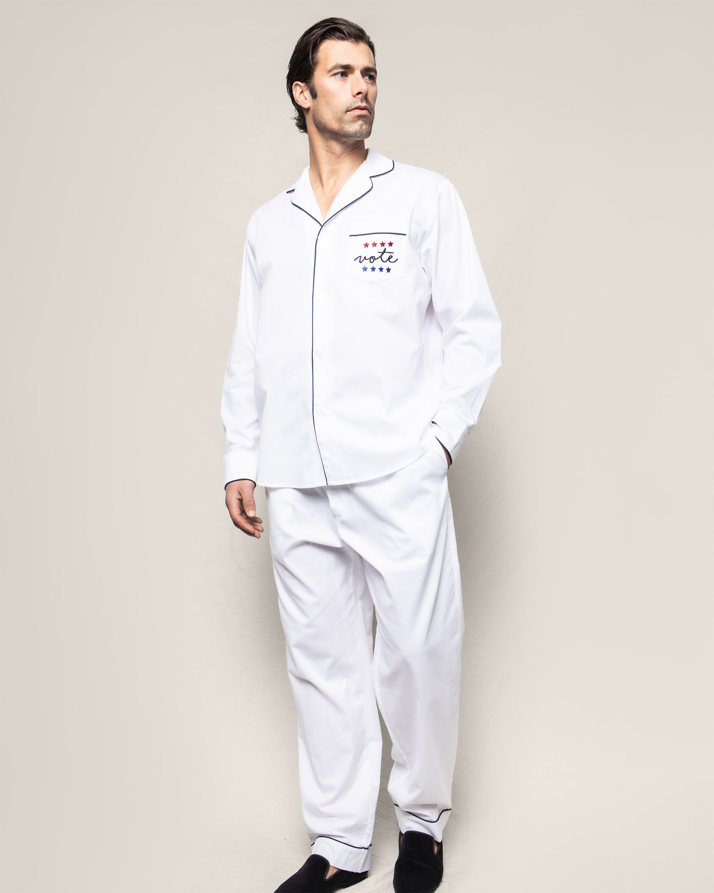 Men's Twill Pajama Set in White with Navy Piping Vote