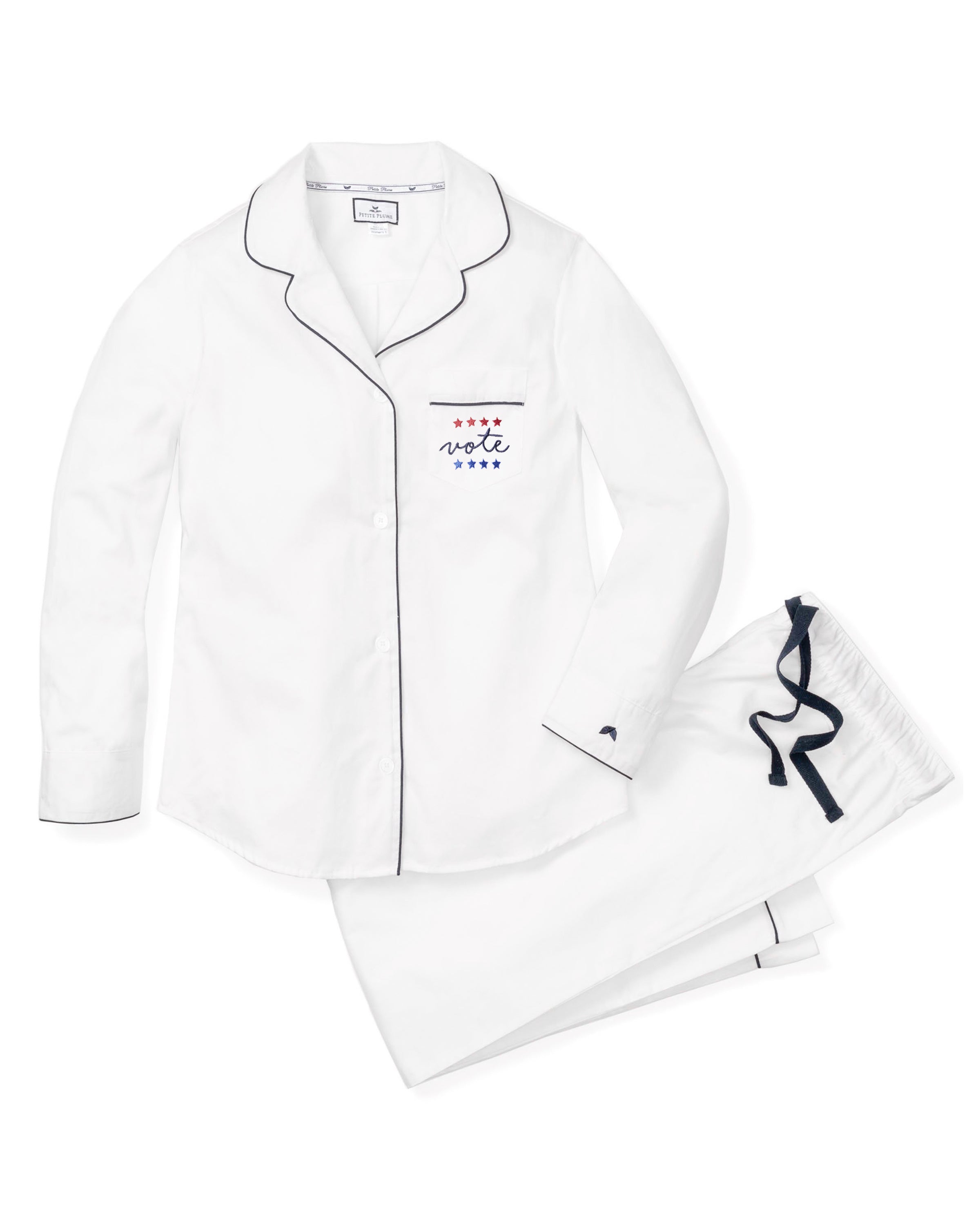 Women's Twill Pajama Set in White with Navy Piping Vote