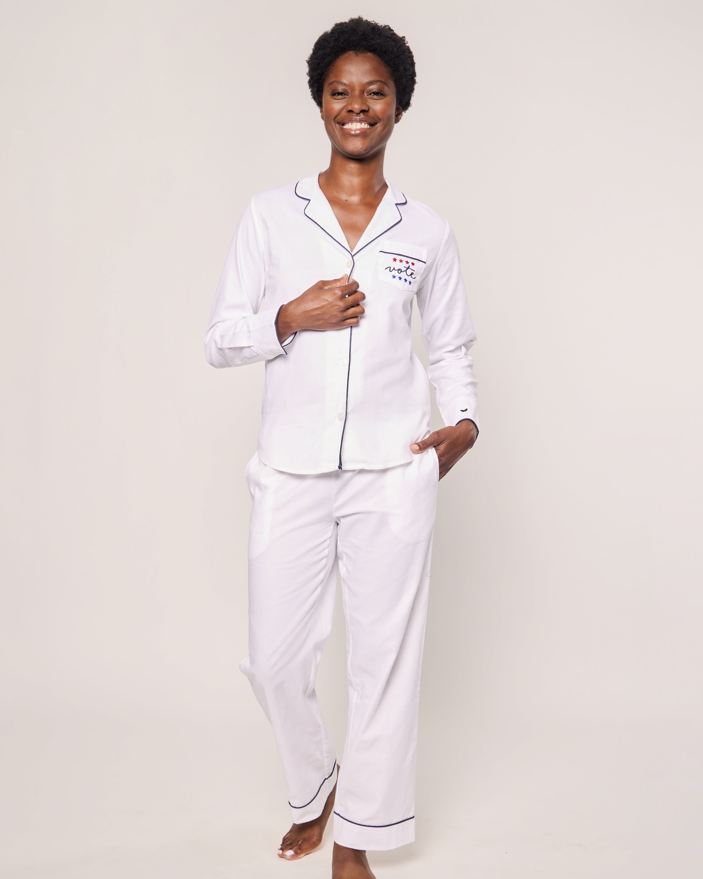 Women's Twill Pajama Set in White with Navy Piping Vote