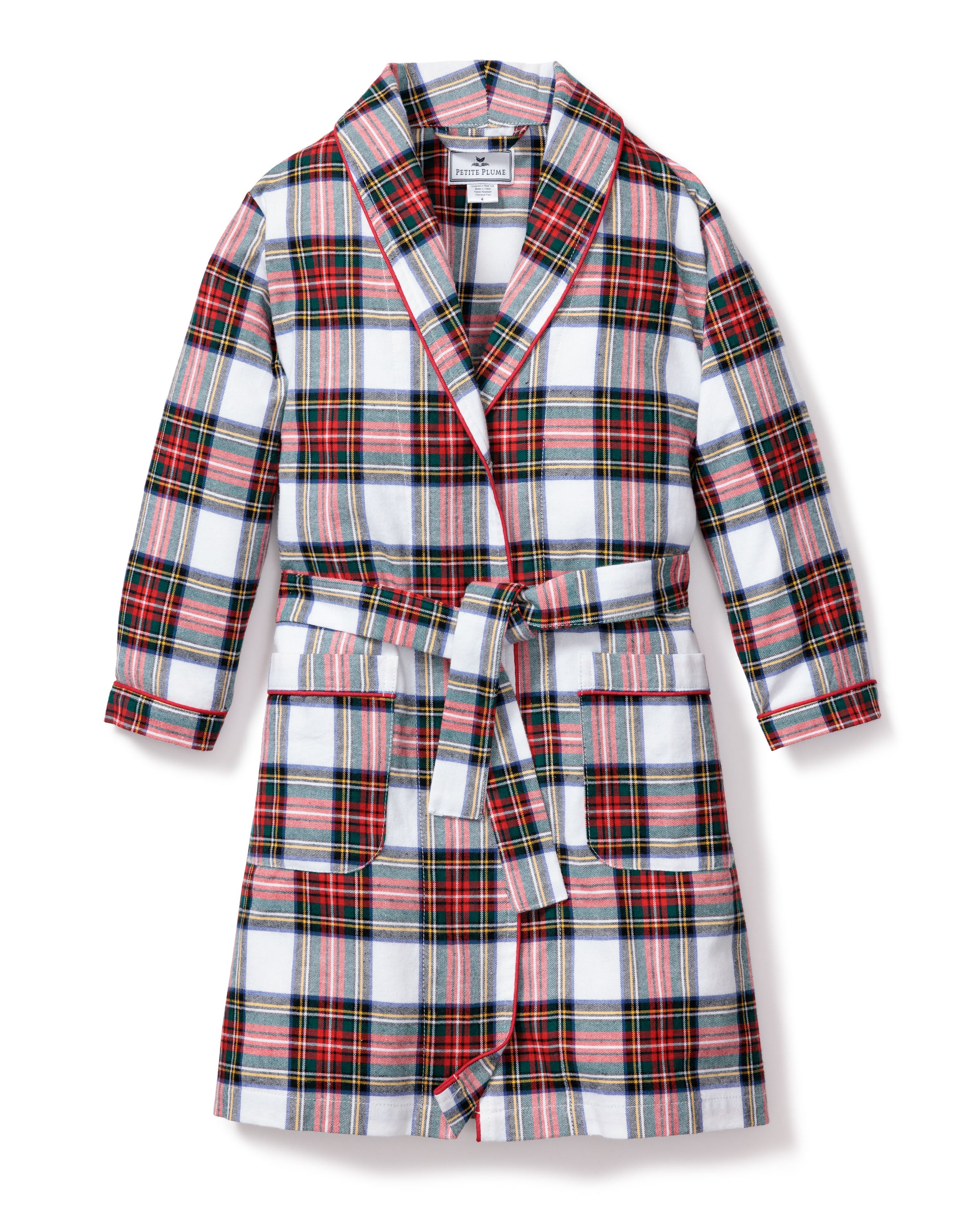 A Petite Plume Kids Brushed Cotton Robe in Balmoral Tartan features a shawl collar, long sleeves, two front pockets, and a matching belt with red, green, blue, and white patterns.