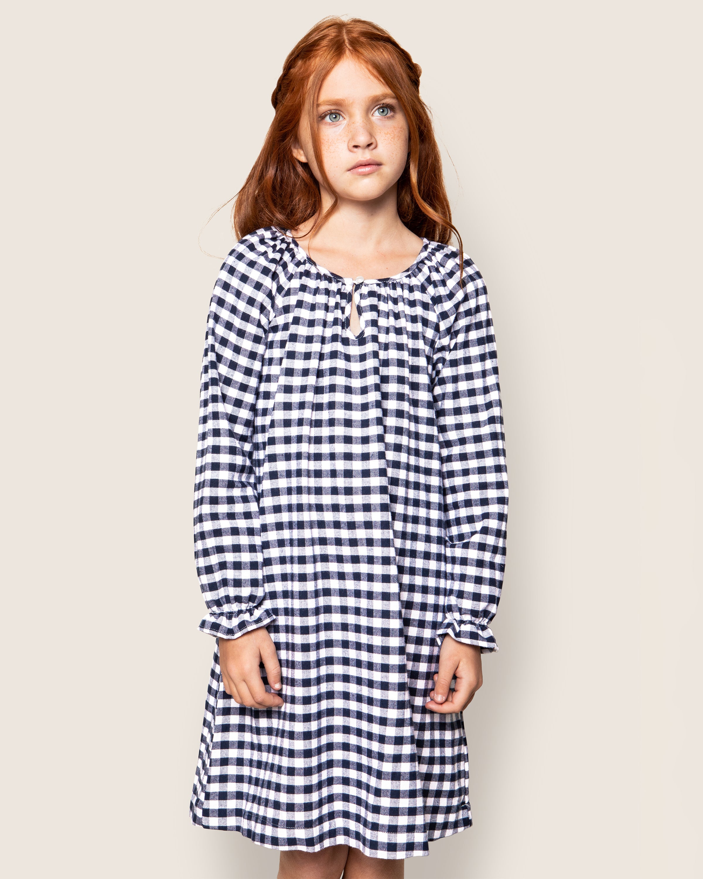 Girl's Flannel Delphine Nightgown in Navy Gingham