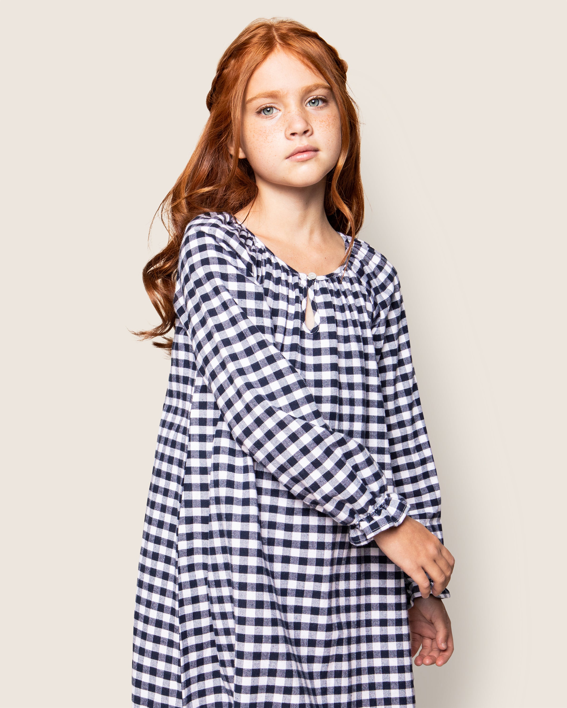 Girl's Flannel Delphine Nightgown in Navy Gingham