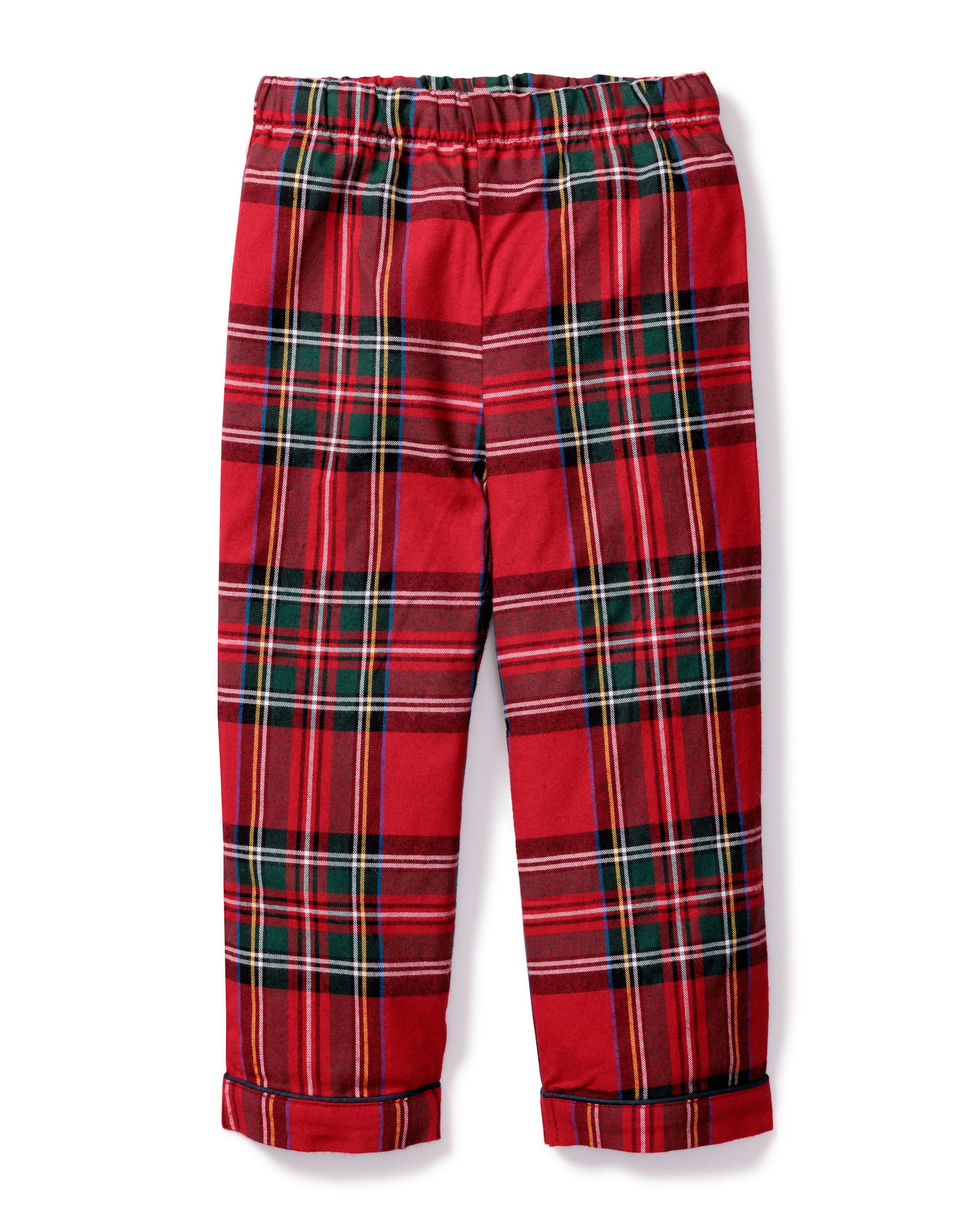 Petite Plumes Kids Brushed Cotton Pajama Pants feature a lightweight flannel in an Imperial Tartan pattern with green, white, and yellow stripes. These luxurious sleepwear essentials come with an elastic waistband and are cuffed at the bottom.