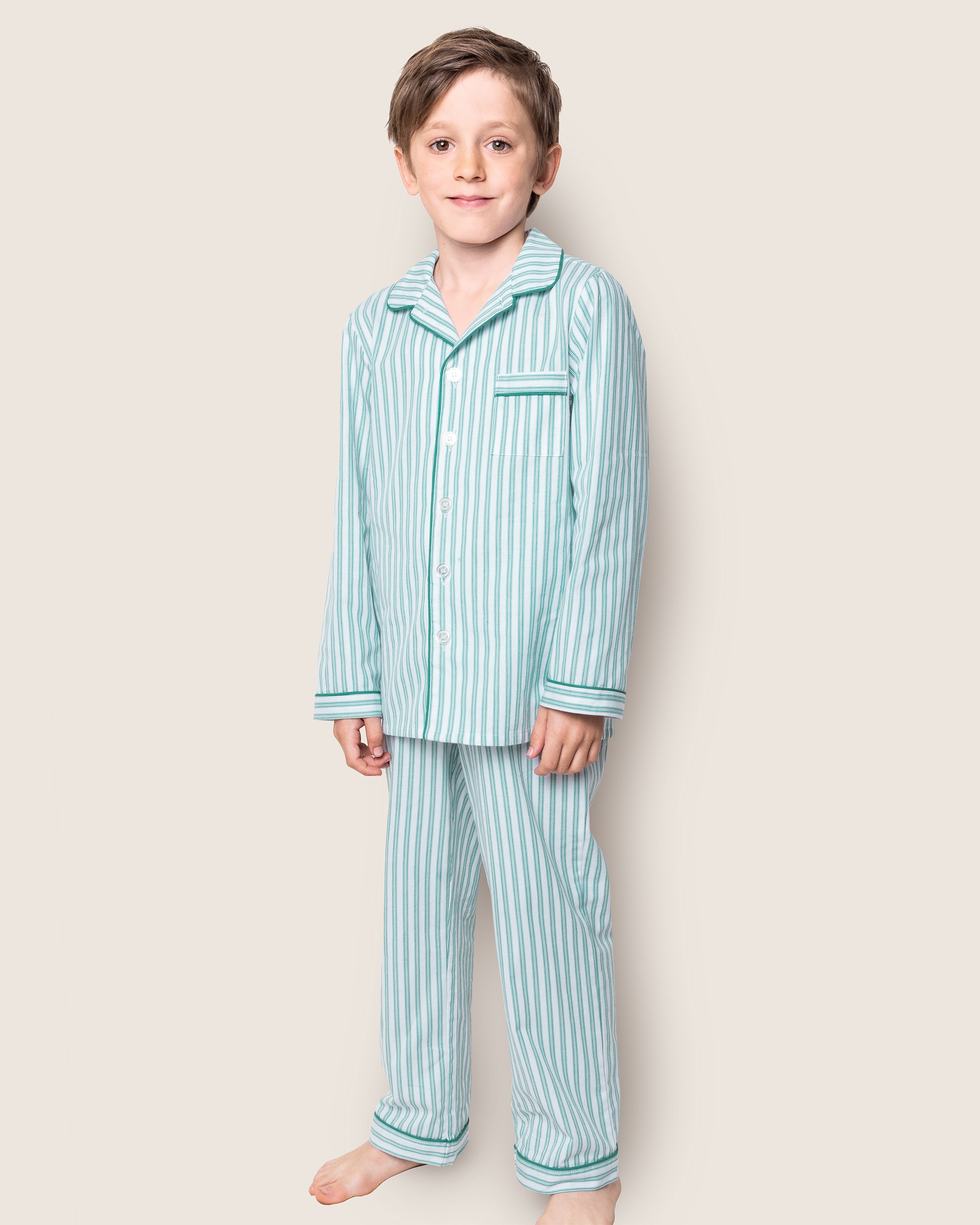 Kid's Twill Pajama Set in Emerald Ticking