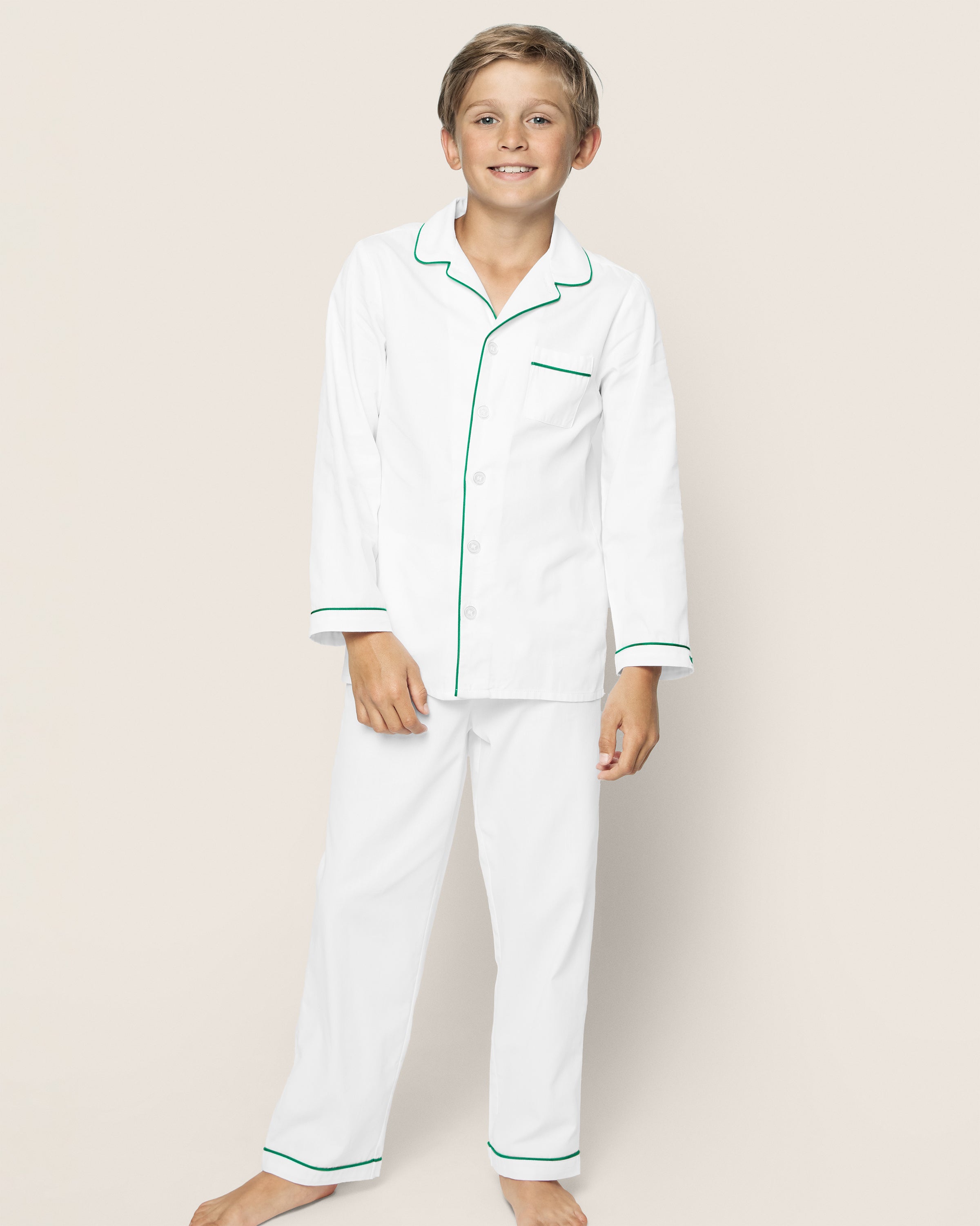 Kid's Twill Pajama Set in White with Green Piping