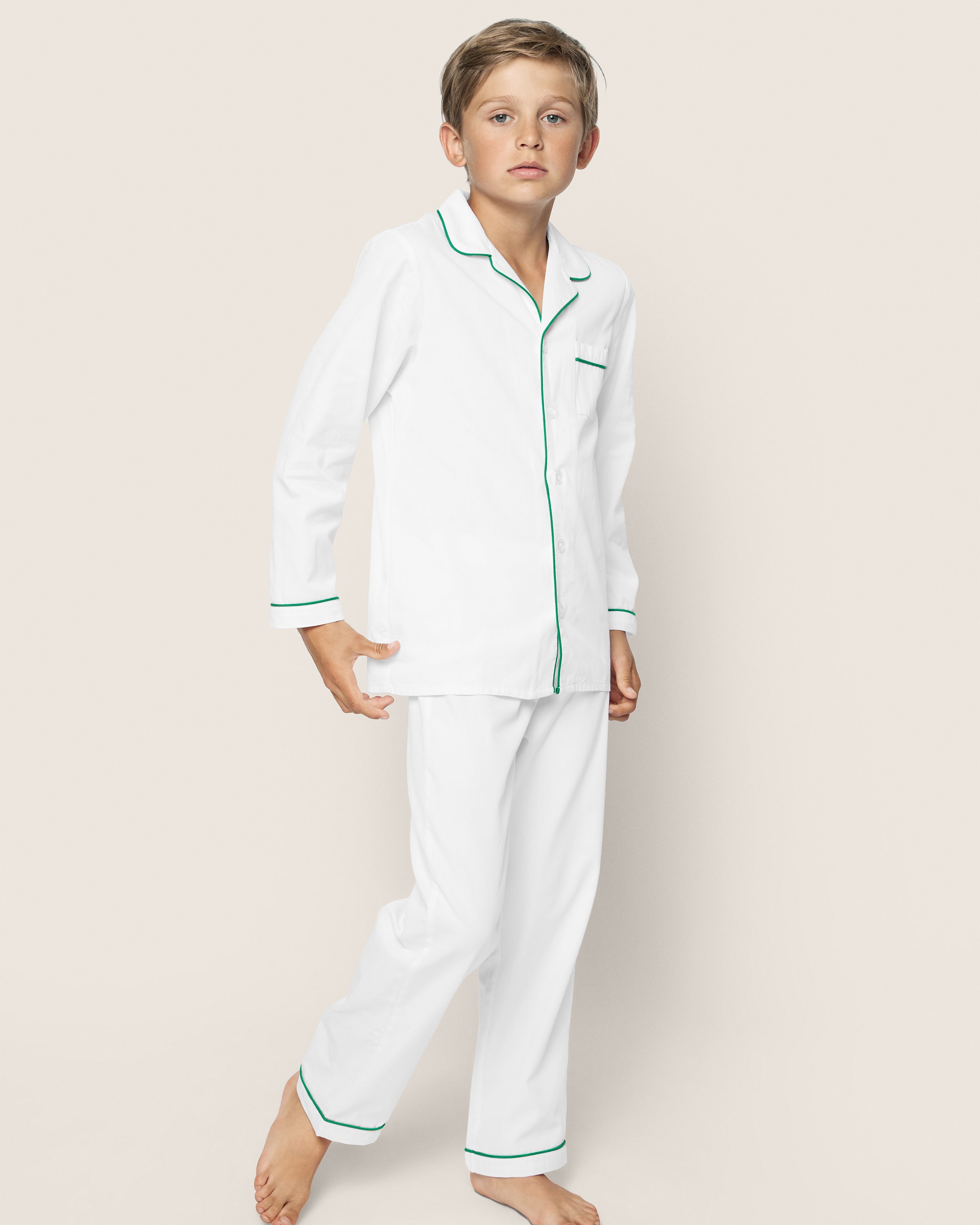 Kid's Twill Pajama Set in White with Green Piping