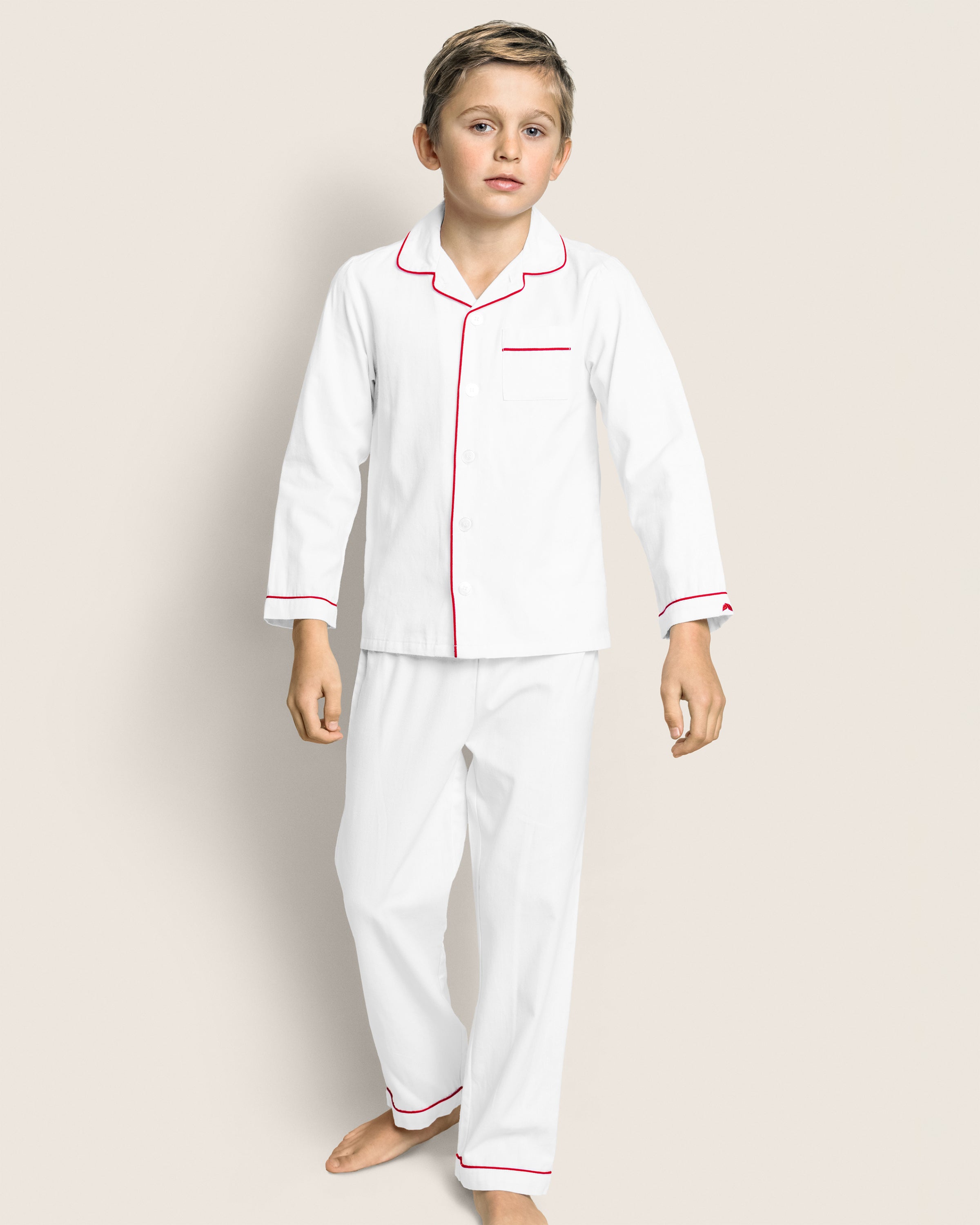 Kid's Twill Pajamas in White with Red Piping