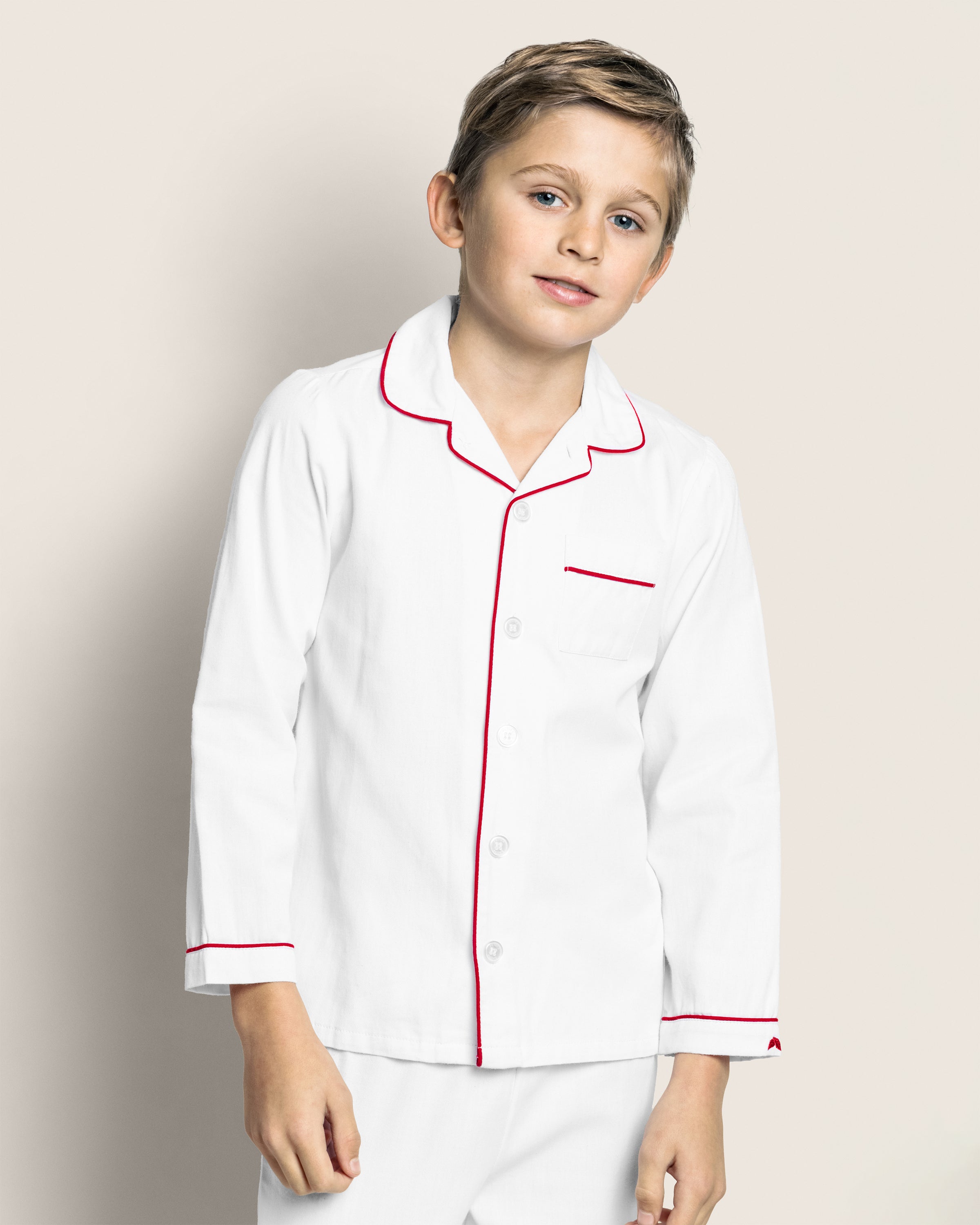 Kid's Twill Pajamas in White with Red Piping