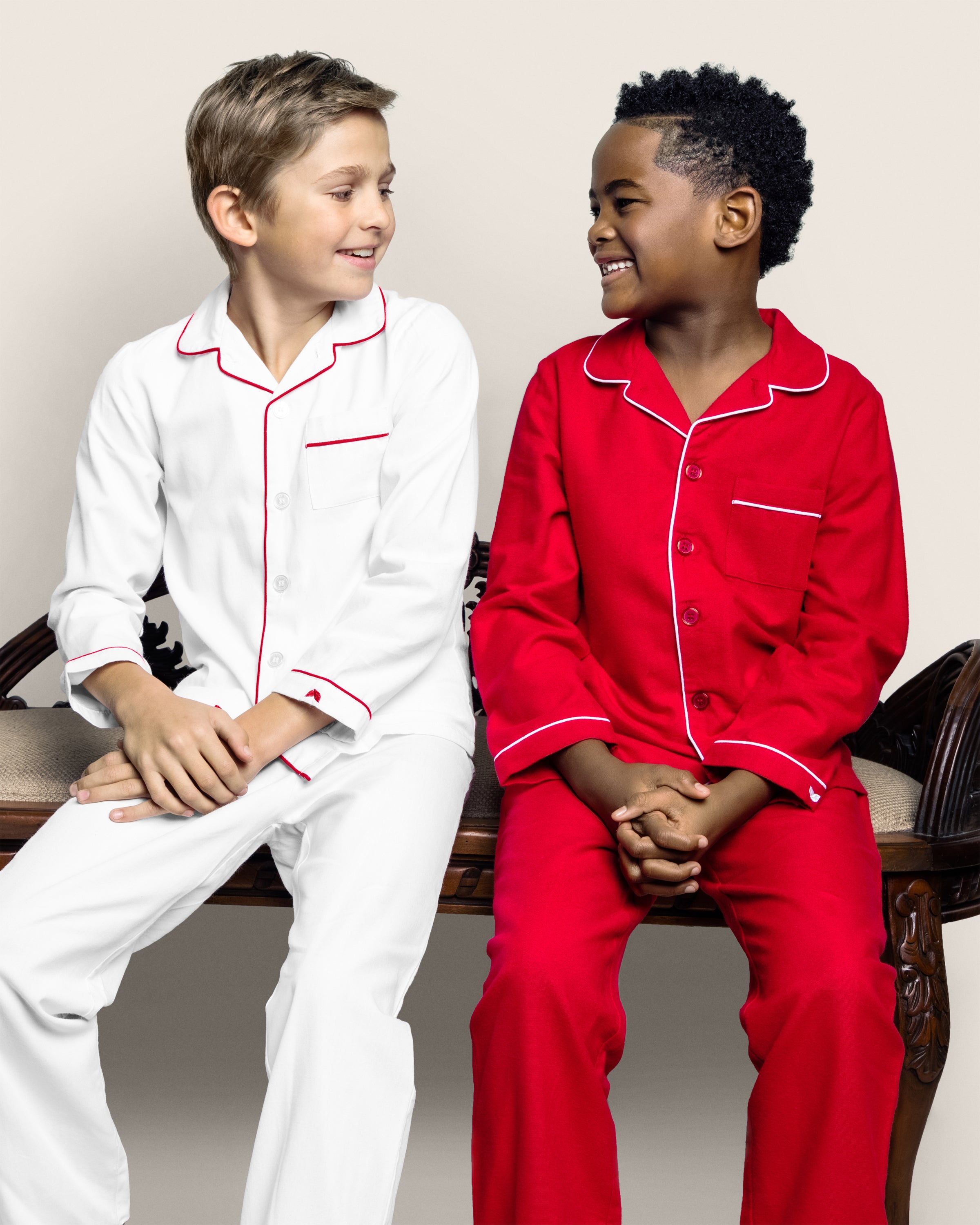 Kid's Twill Pajamas in White with Red Piping