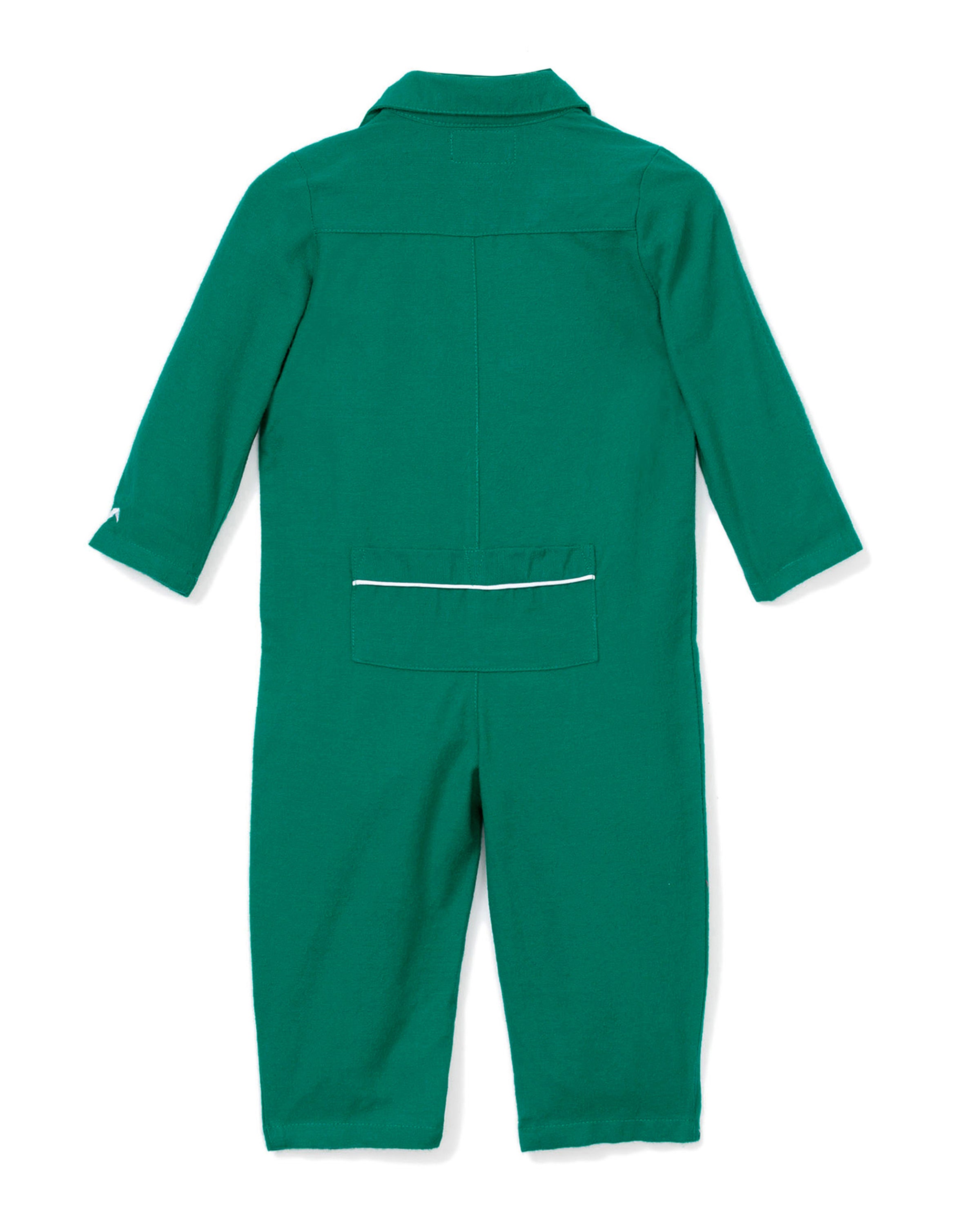 The Petite Plume Babys Flannel Romper in Forest Green with White Piping features long sleeves, a folding collar, back seams near the shoulders and center, and a cozy flannel design. A small rectangular pocket with white trim is positioned below the waist.