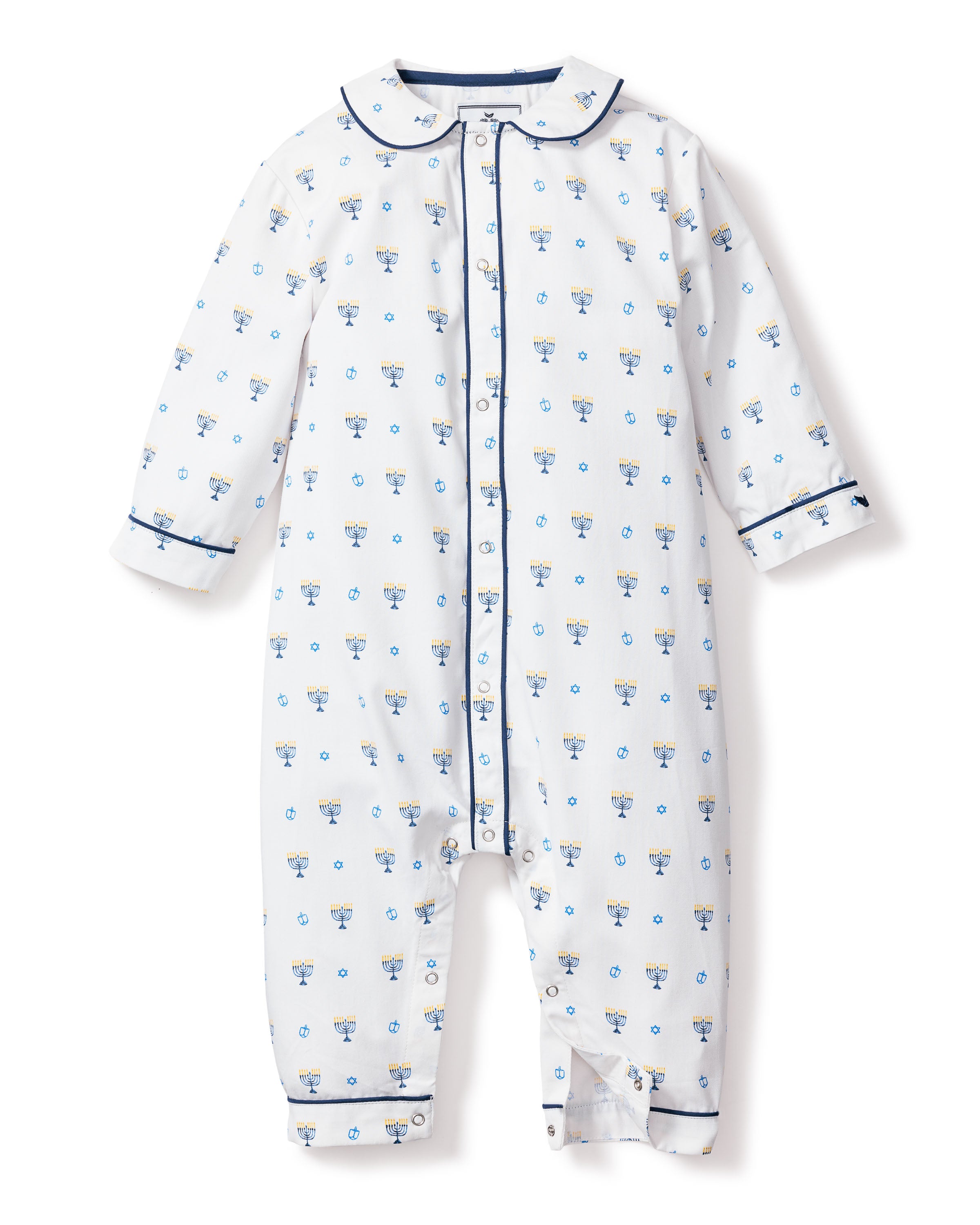 The Babys Twill Cambridge Romper in Happy Hanukkah from Petite Plume features a white floral pattern with blue piping, long sleeves, collar, and front snap buttons. Made from chemical-free fabric for safe sleepwear.