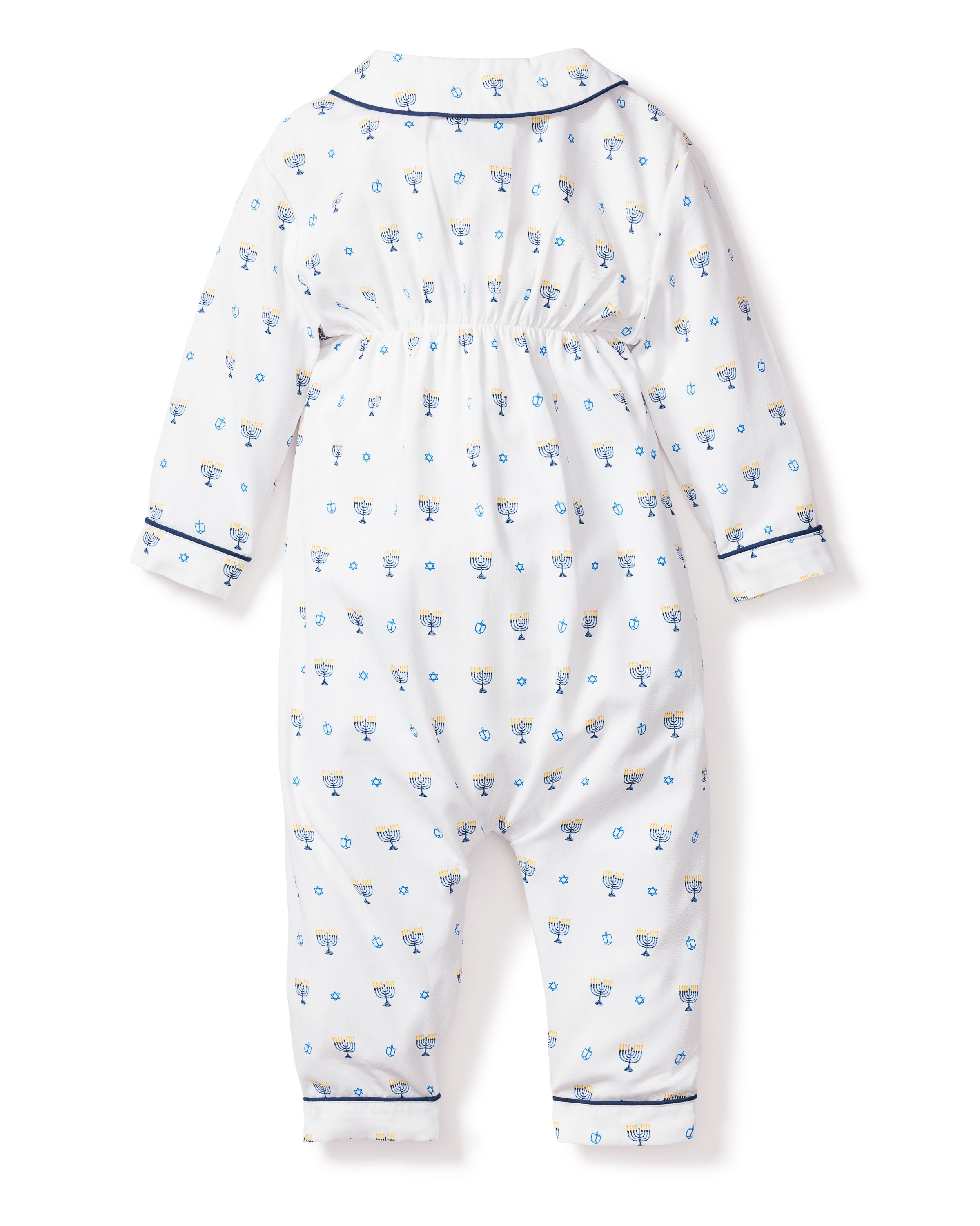 The Babys Twill Cambridge Romper in Happy Hanukkah by Petite Plume is a white, long-sleeved romper with a blue floral pattern, featuring a collar and front buttons. Its cuffs and edges are lined with blue trim and made from chemical-free sleepwear fabric for softness and comfort all night.