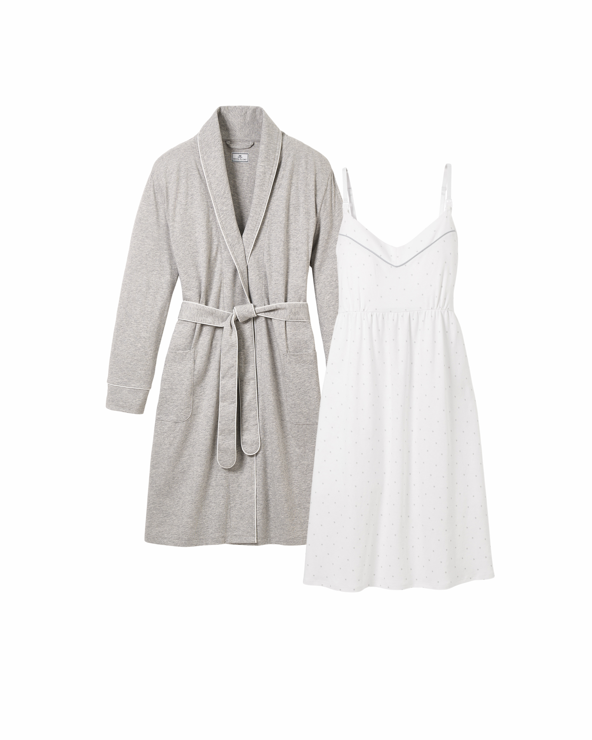 The Essential Maternity Set by Petite Plume, in light heather grey and grey stars, features a shawl collar robe with a belt and a sleeveless white nightgown. The gown includes thin straps, a subtle dotted pattern, and waist gathering—perfect for your pregnancy journey.