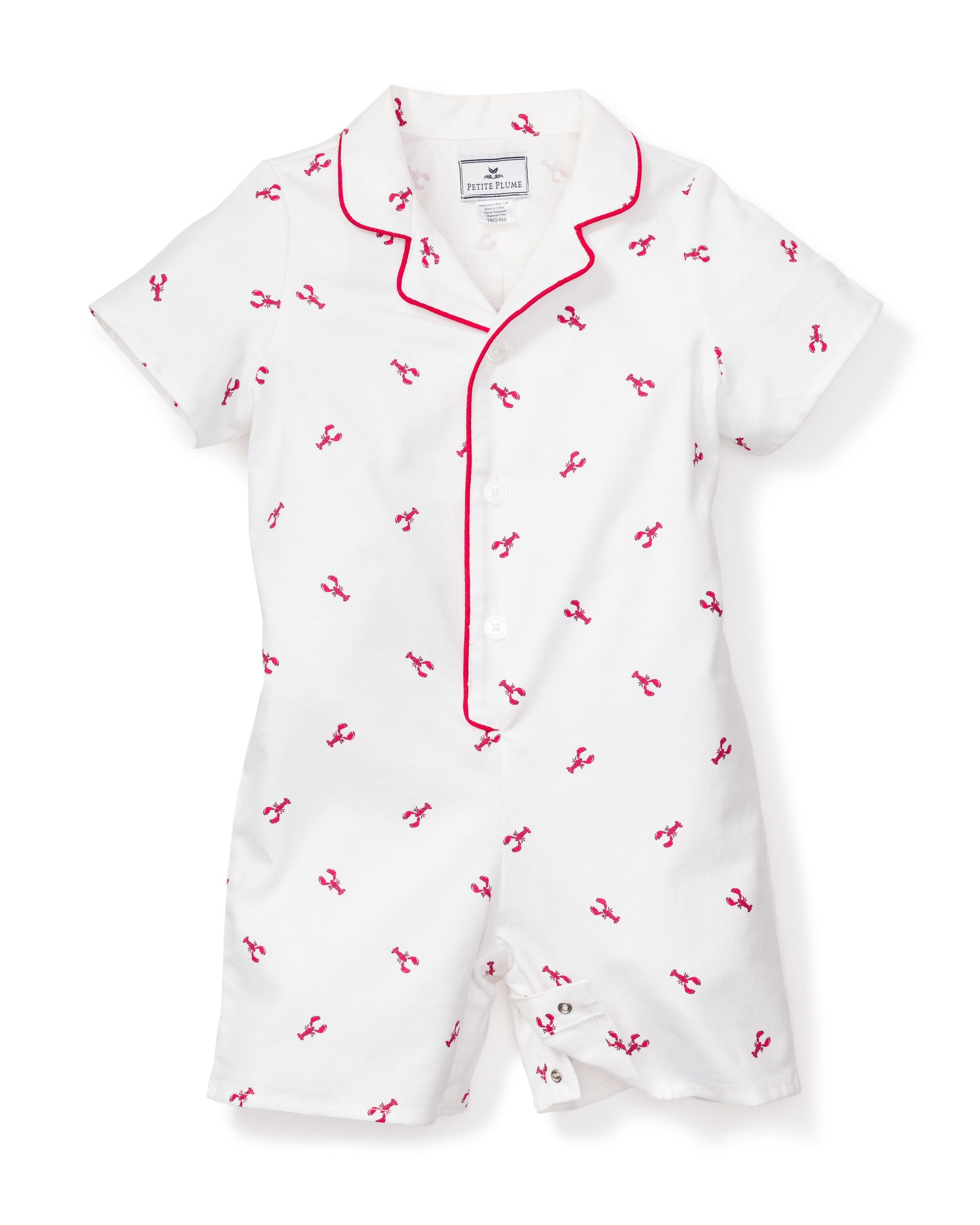 The Babys Twill Summer Romper in Brixham Lobsters by Petite Plume is a white short-sleeve romper with red embroidered lobsters, red piping on the collar, and button front, made from soft brushed fabric.