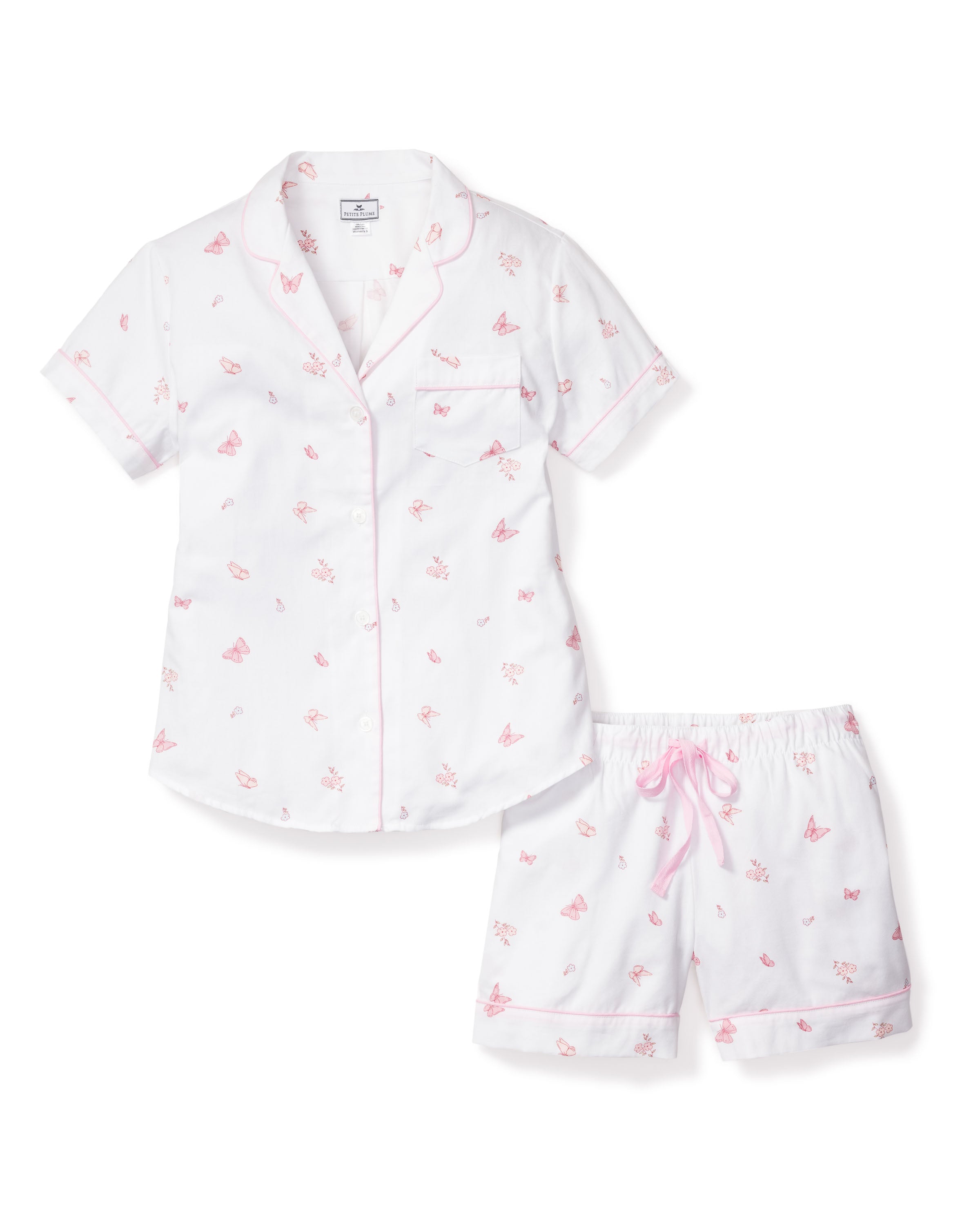 Explore Petite Plumes Womens Twill Pajama Short Sleeve Short Set in Butterflies: a 100% cotton classic with pink butterfly and floral print. Features include a collared, button-front top with pocket, shorts with pink drawstring, and elegant pink piping for that luxurious touch.