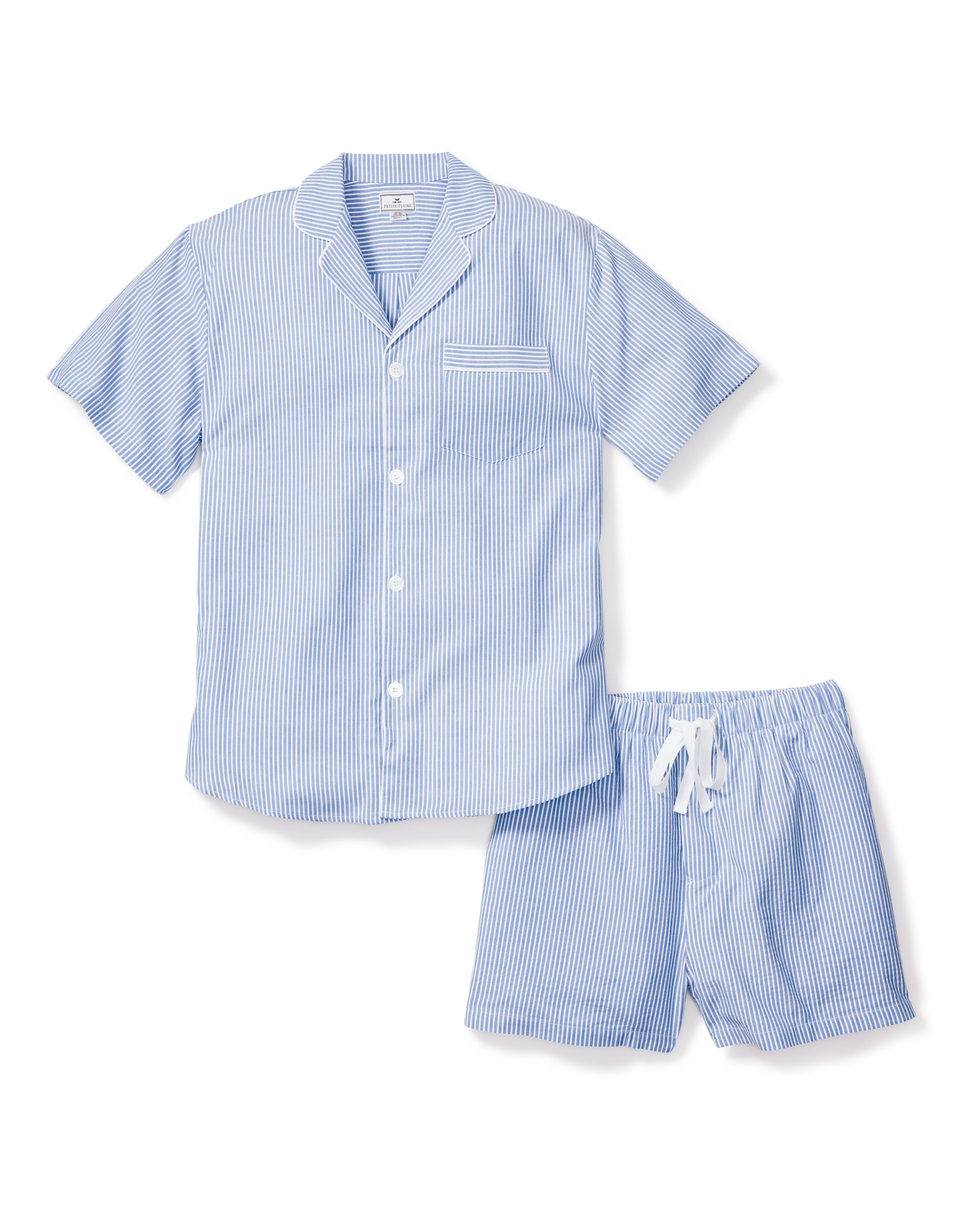 Men's Twill Pajama Short Set in French Blue Seersucker