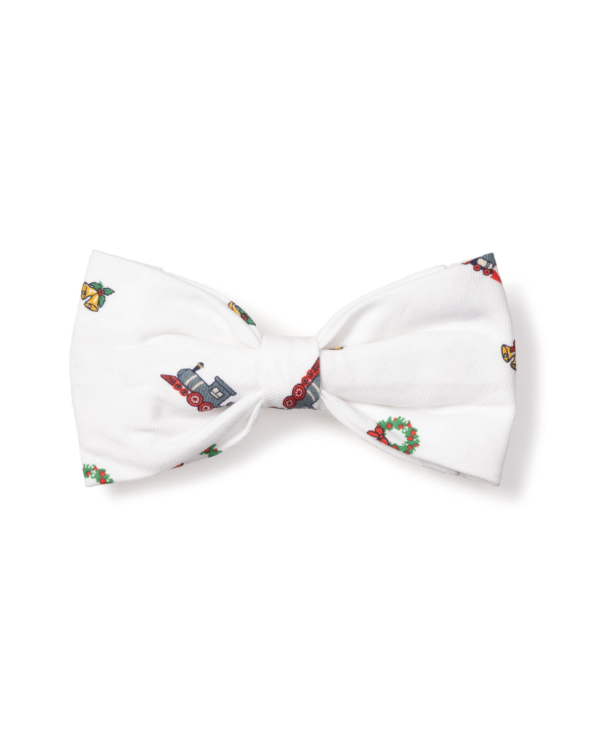 The Dog Bow Tie in Arctic Express by Petite Plume features colorful illustrations of a train, flower, and wreath on a white background. This charming accessory is perfect for adding festive flair to your pets holiday outfit.