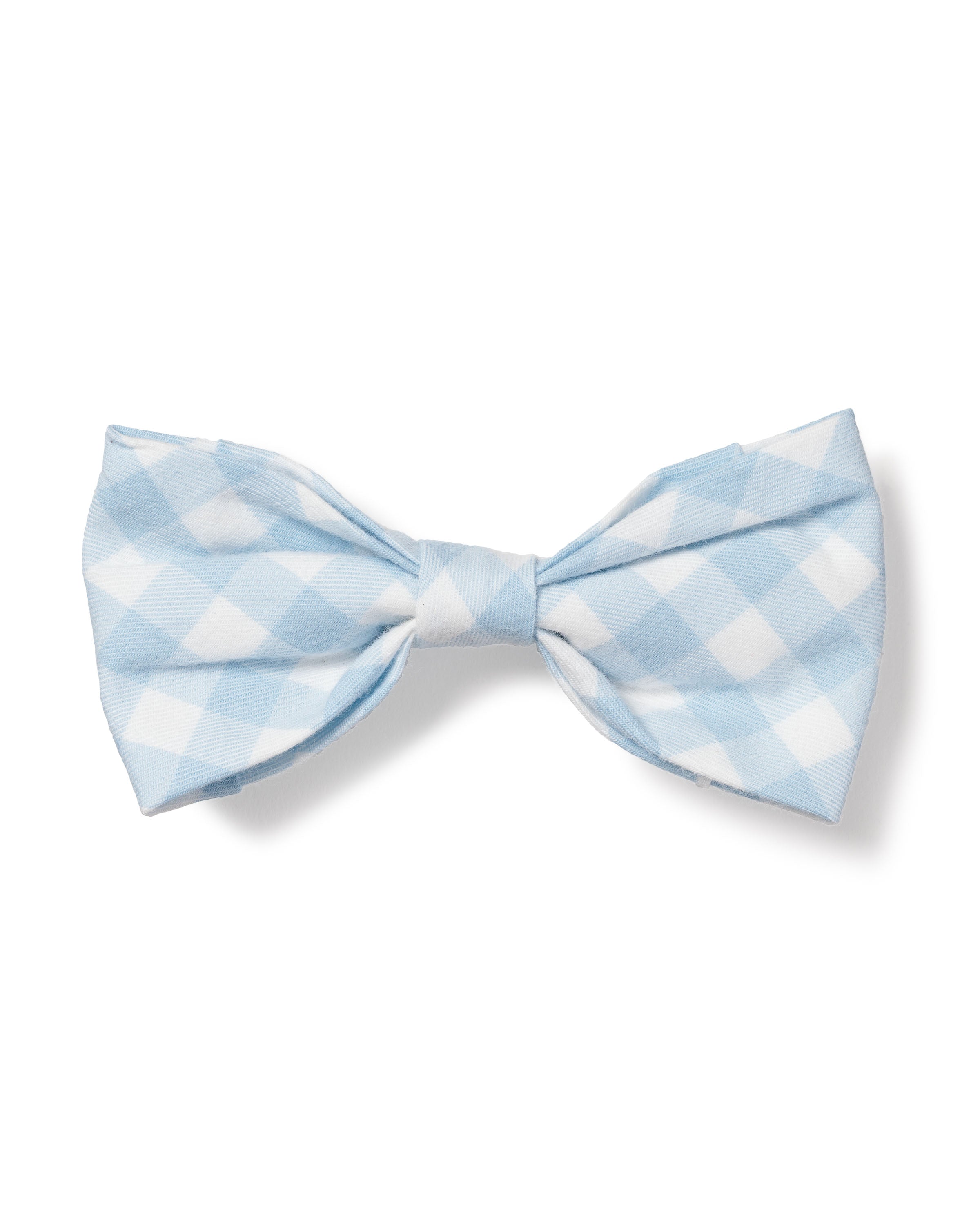 The Dog Twill Bow Tie Light Blue Gingham by Petite Plume features a classic blue and white checkered design with a symmetrical pattern on smooth fabric for a crisp look. Its the perfect charming accessory to add flair to your dogs collection.