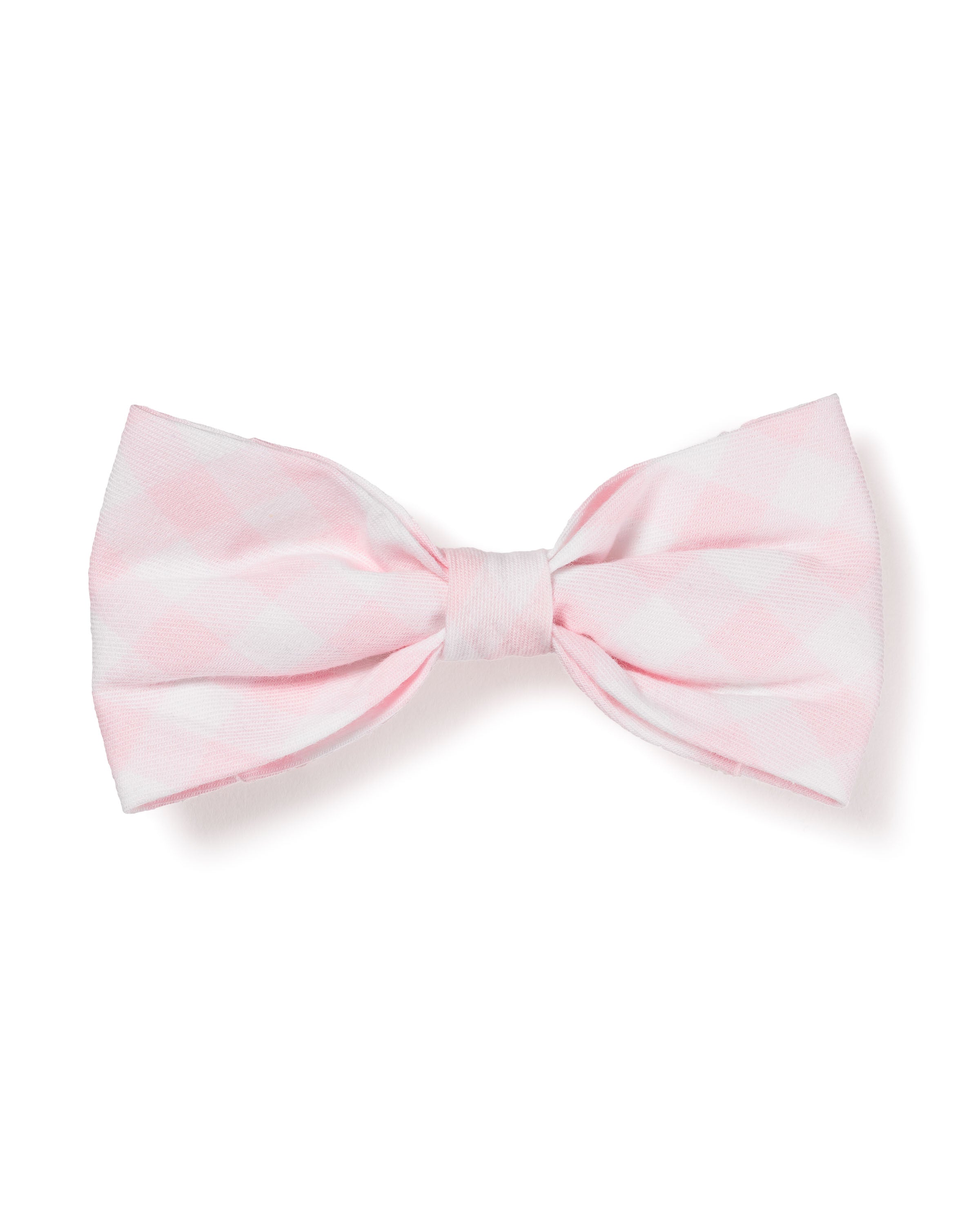 The Dog Twill Bow Tie in Pink Gingham by Petite Plume features a symmetrical and neatly tied design, ideal for festive occasions, on a plain white background.