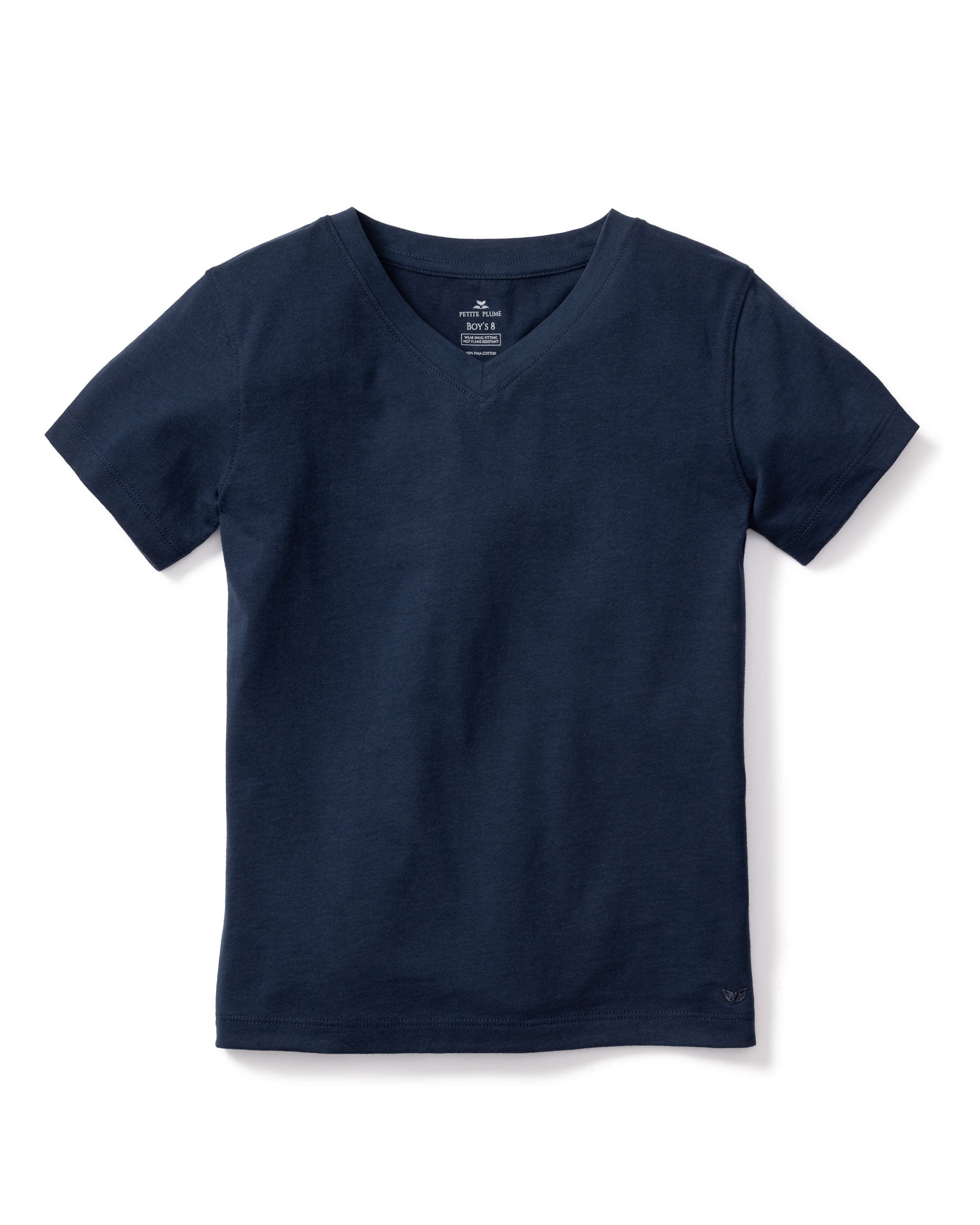 A Kids Pima V-Neck Top in Navy by Petite Plume, featuring short sleeves, is shown against a white background. Made from luxurious Peruvian Pima cotton, the fabric appears soft and smooth, promising comfort and quality.