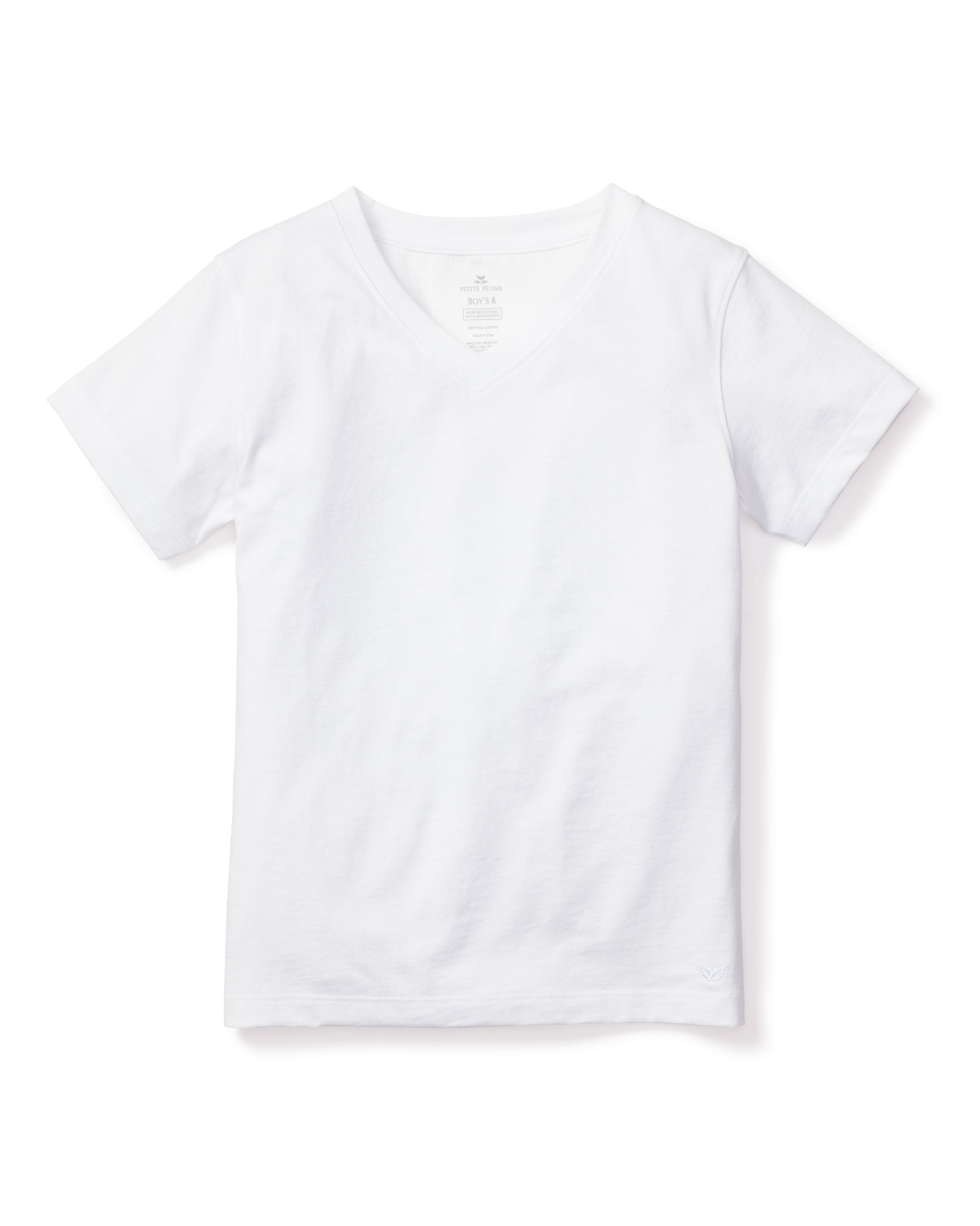 The Kids Pima V-Neck Top in White by Petite Plume is short-sleeved, features a V-neck design, and is crafted from a soft, Peruvian Pima cotton-like material, displayed on a plain background.