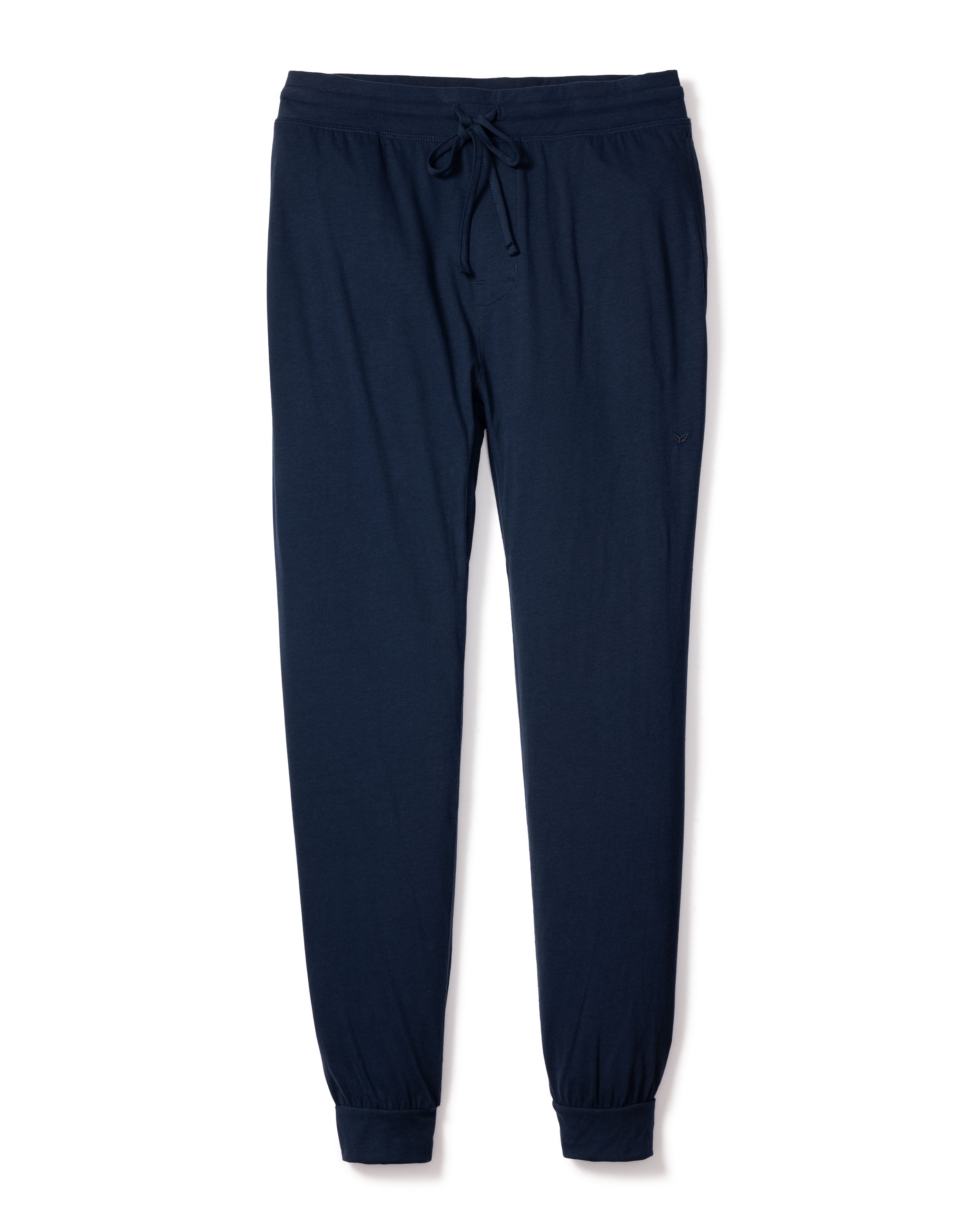 The Mens Pima Pants in Navy by Petite Plume are made from yarn-dyed Peruvian Pima cotton, featuring an elastic waistband and drawstring. They offer a relaxed fit with elastic cuffs at the ankles, combining style and comfort.