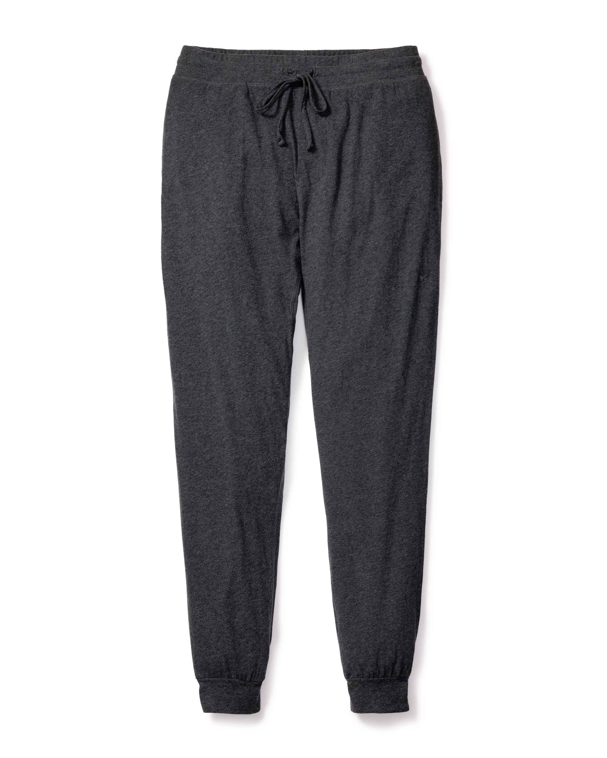 Mens Pima Pants by Petite Plume, in dark heather grey, feature an elastic waistband with a drawstring and cuffed ankles, laid flat against a white background.