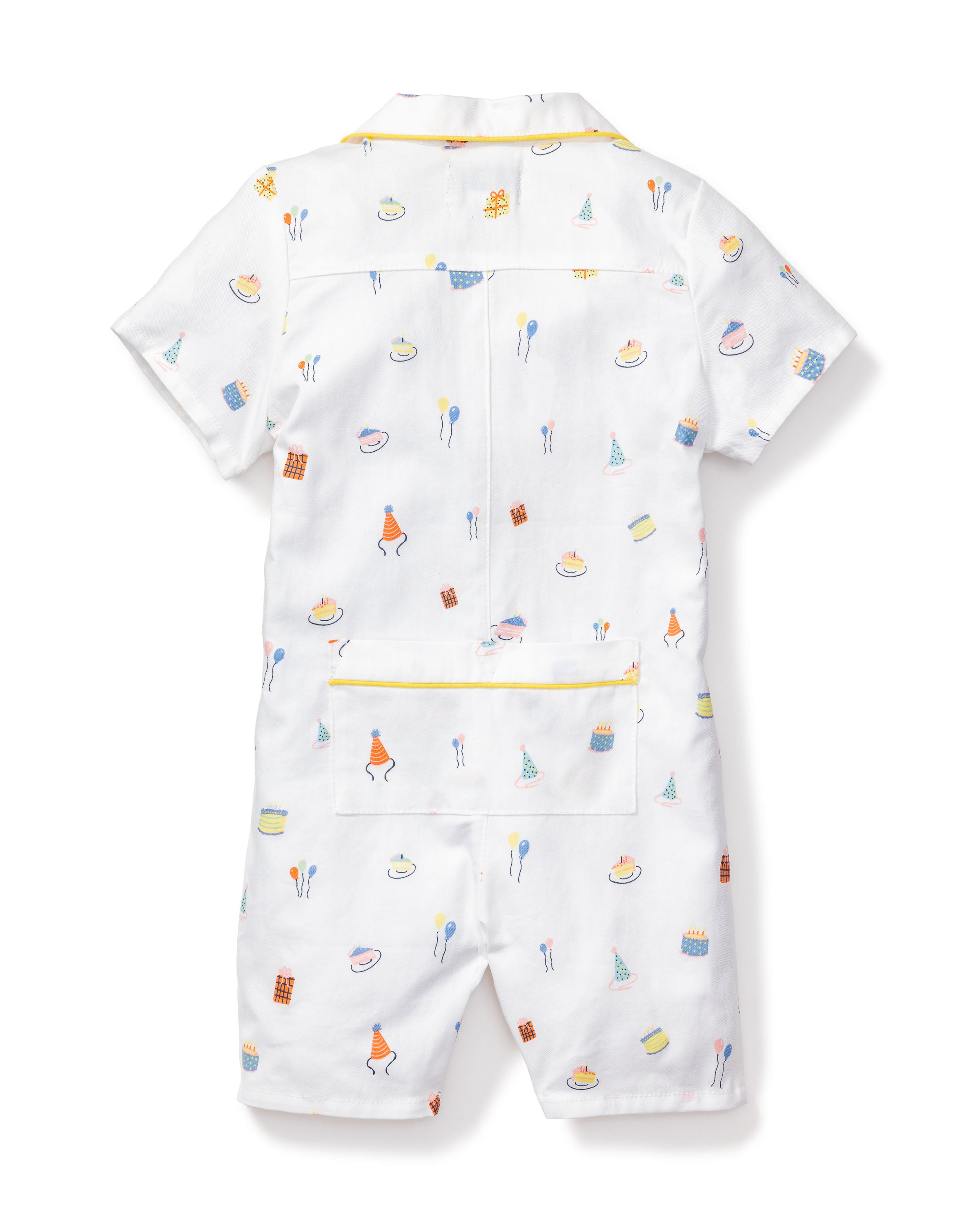 Petite Plumes Babys Twill Summer Romper in Birthday Wishes features a fantasy print with ice cream cones, birthday hats, cakes, and treats. Made from yarn-dyed cotton fabric, it has short sleeves and legs, a collar, and button details along the back.