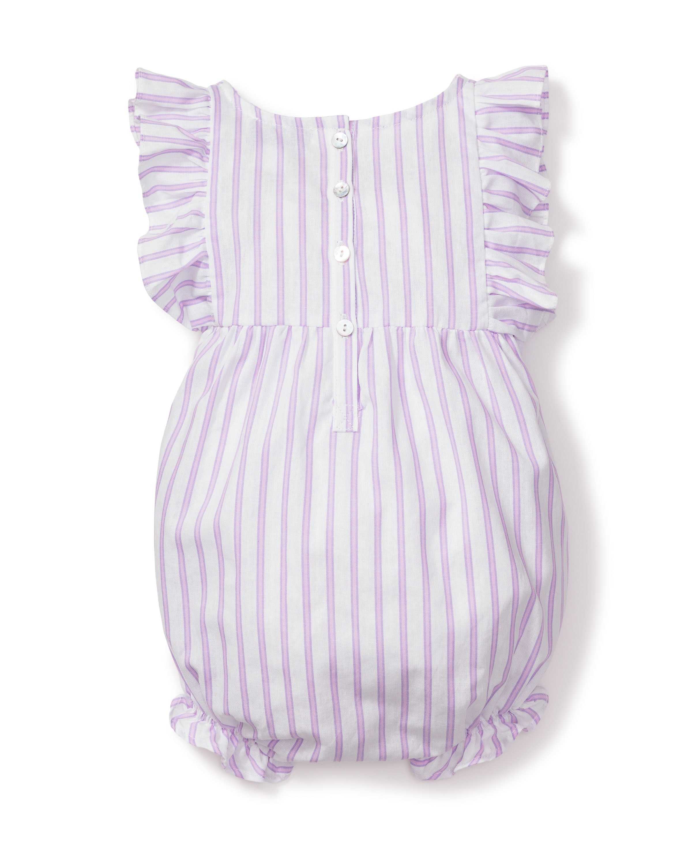 Baby's Twill Ruffled Romper in Lavender French Ticking