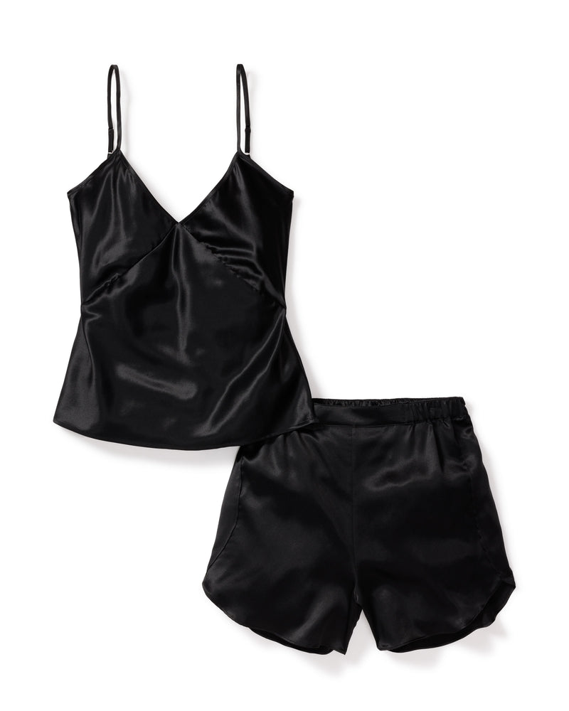 Black satin luxury pajama set, camisole top and shorts lounge wear