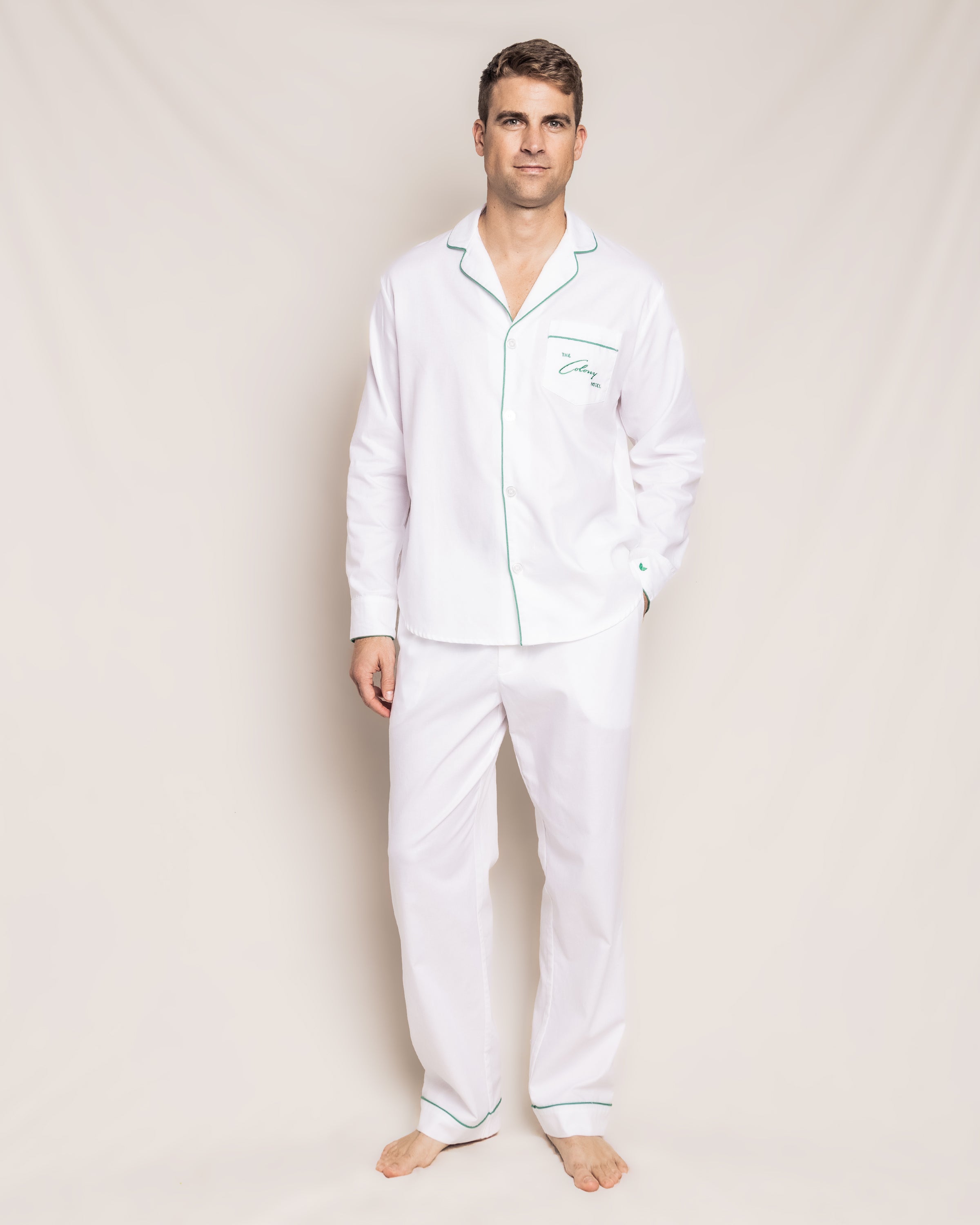 Colony Hotel x Petite Plume Men's White with Green Piping Pajama Set