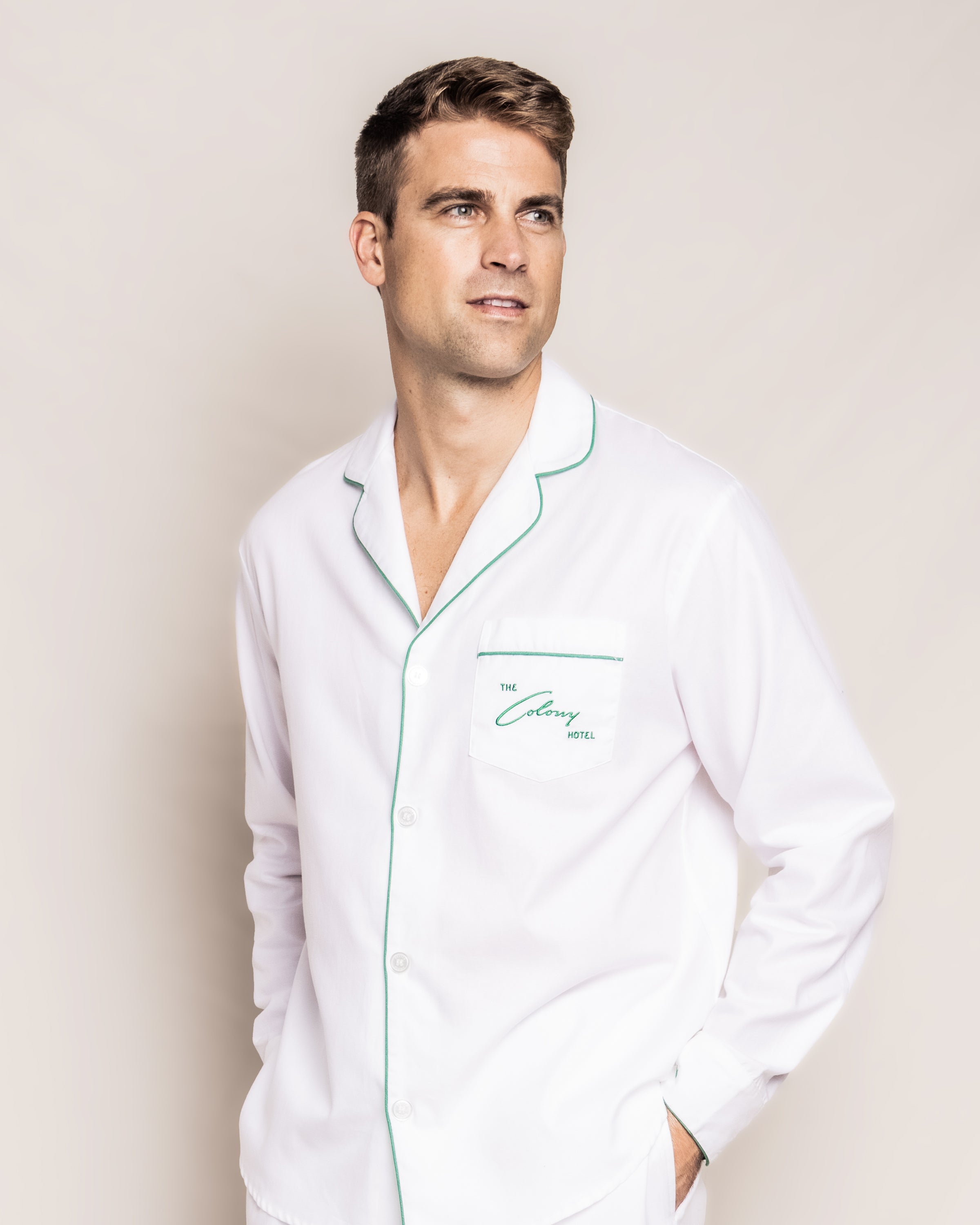 Colony Hotel x Petite Plume Men's White with Green Piping Pajama Set