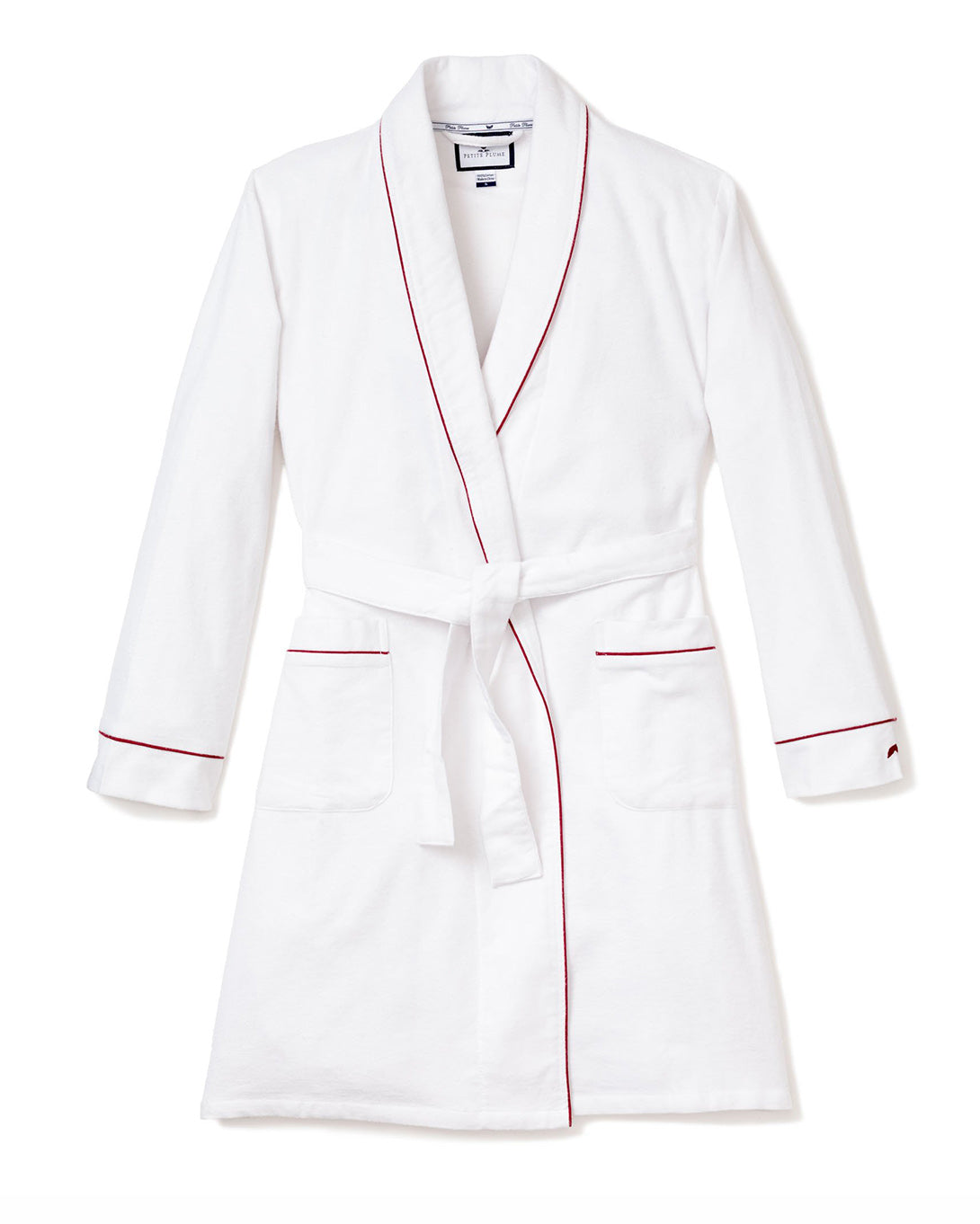 Men's Flannel Robe in White with Red Piping