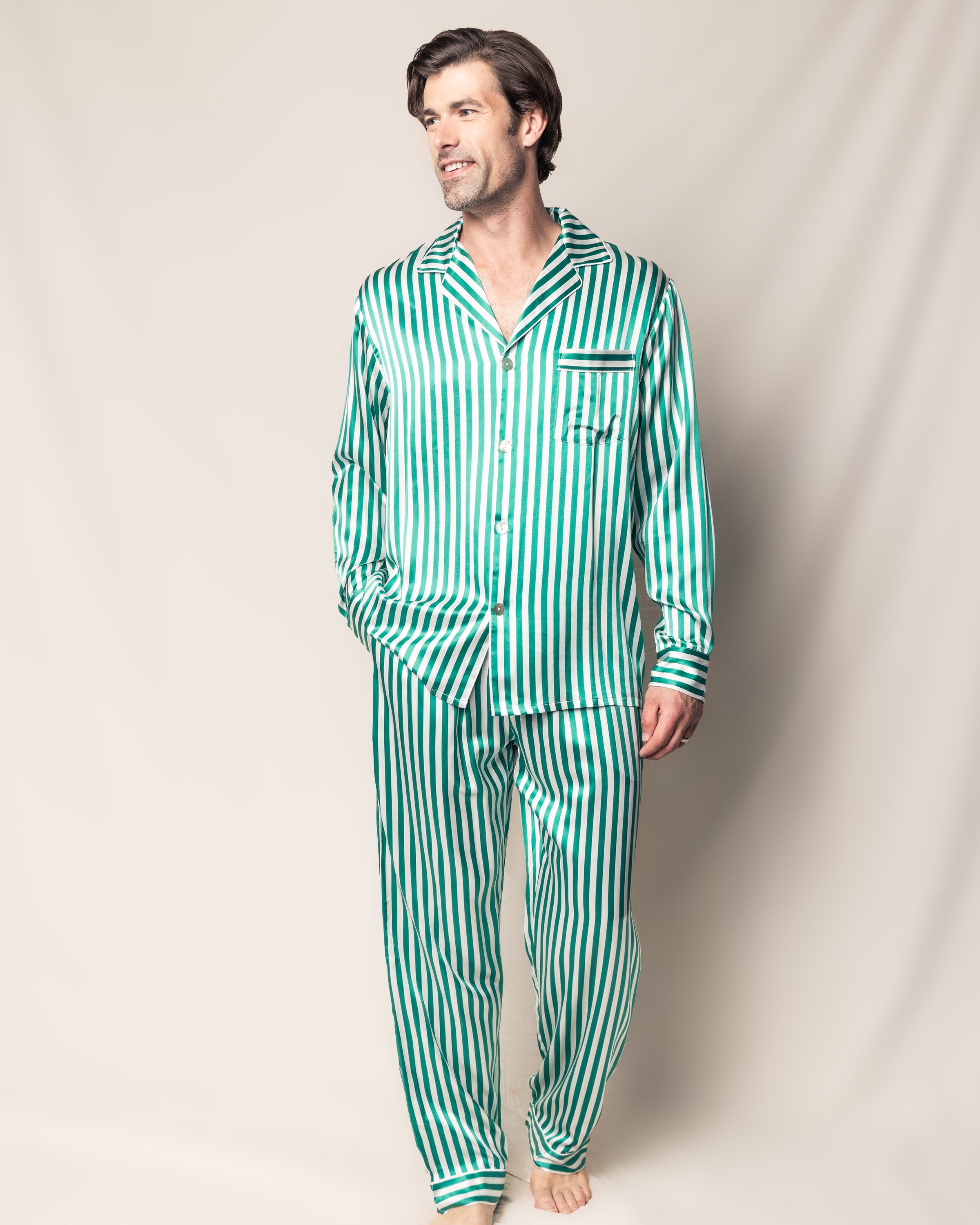 Men's Silk Pajama Set in Green Stripe