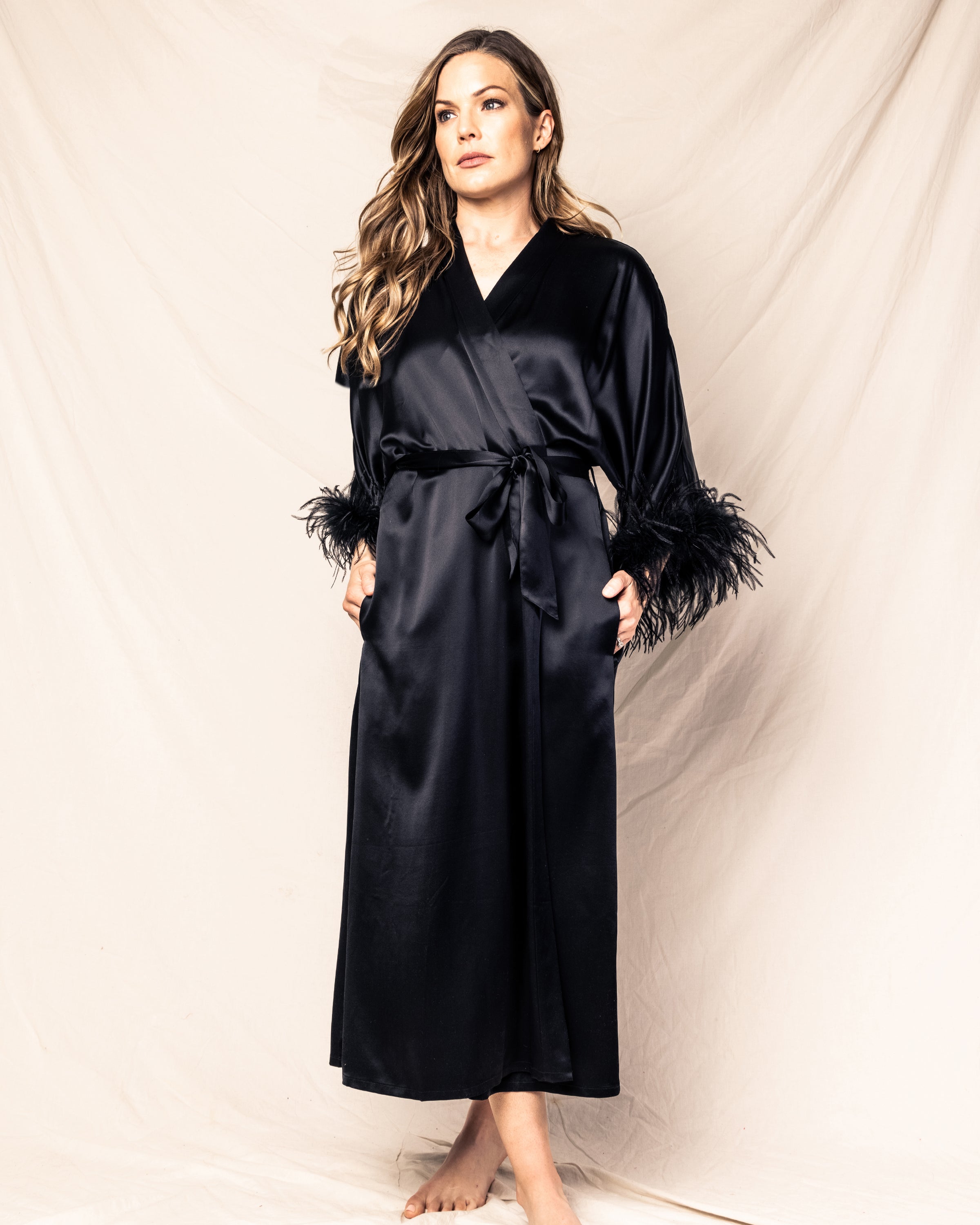 Women's Silk Long Feather Robe in Black