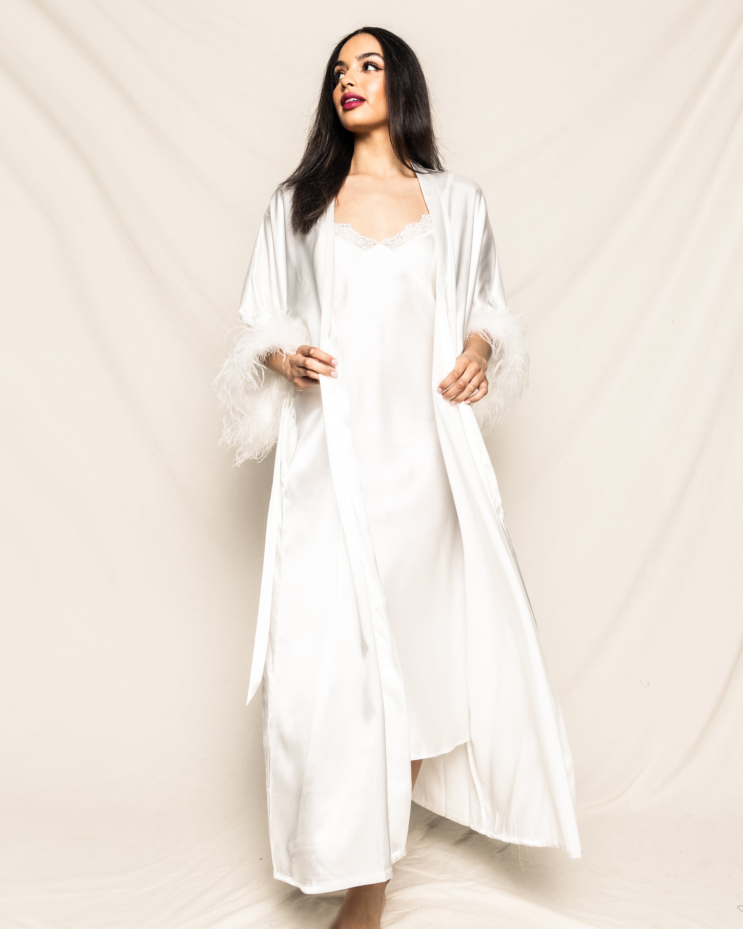 Women's Silk Long Feather Robe in White