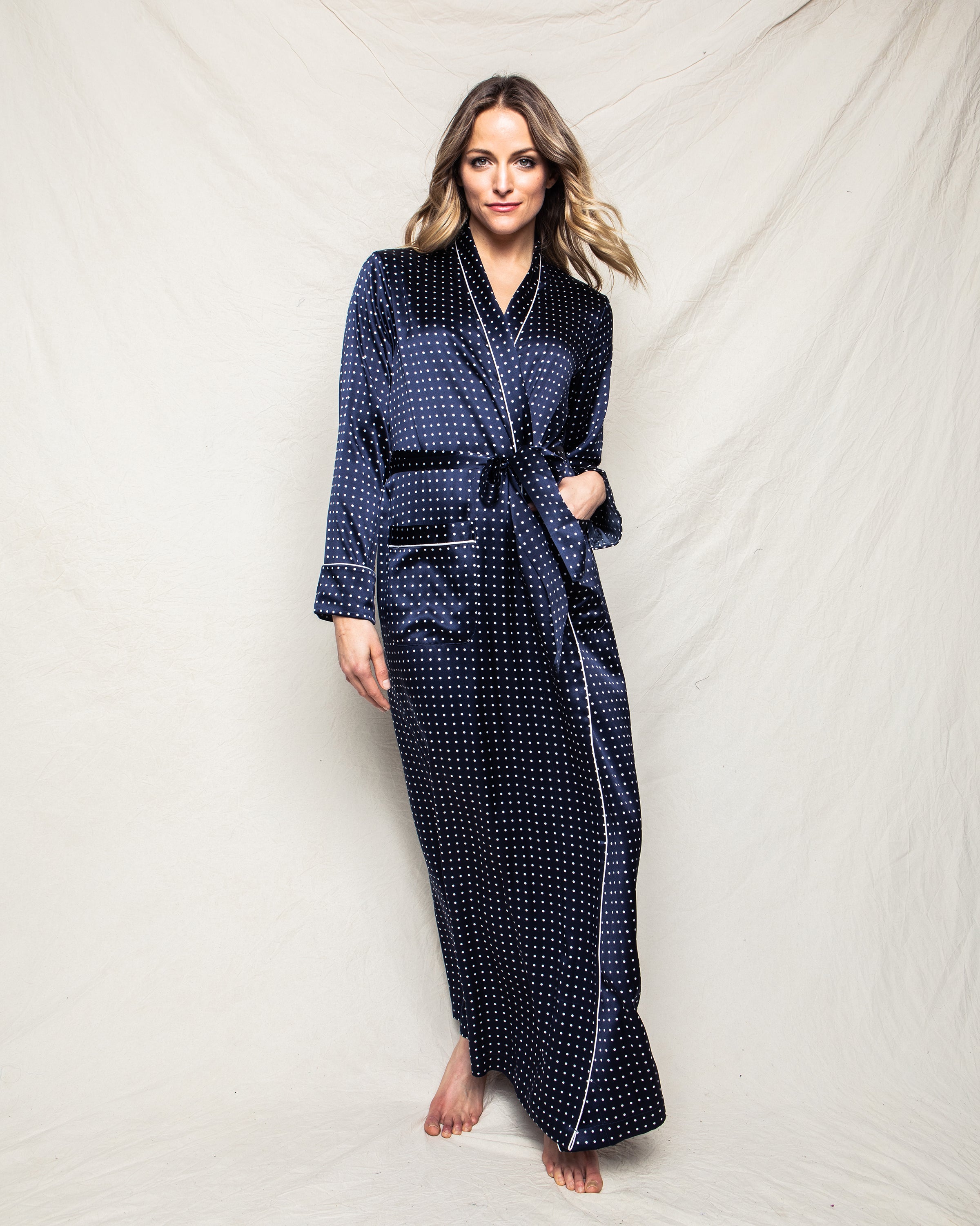 Women's Silk Long Robe in Navy Polka Dot