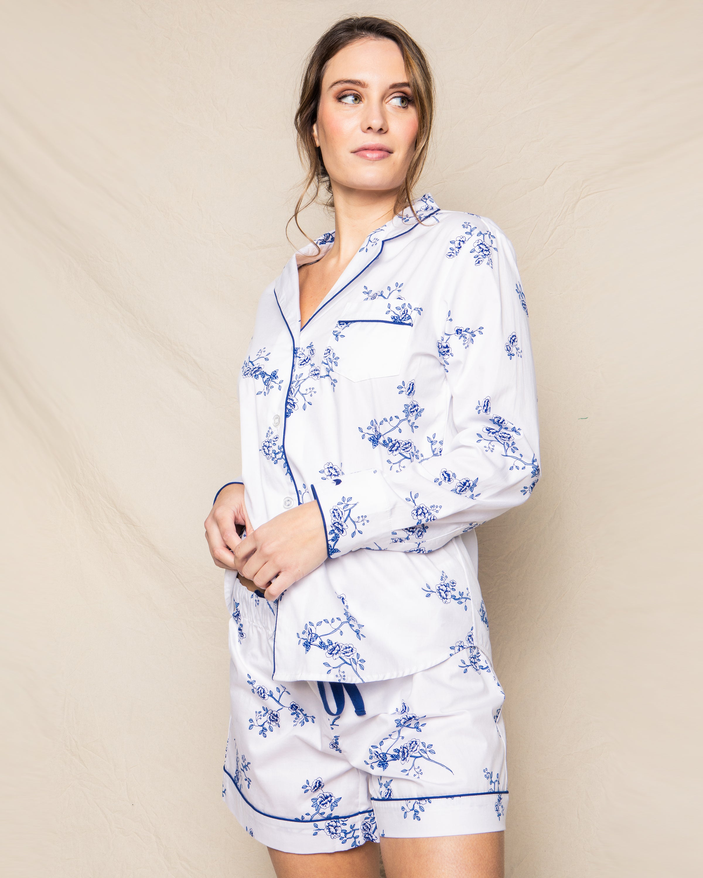 Women's Twill Long Sleeve Short Set in Indigo Floral