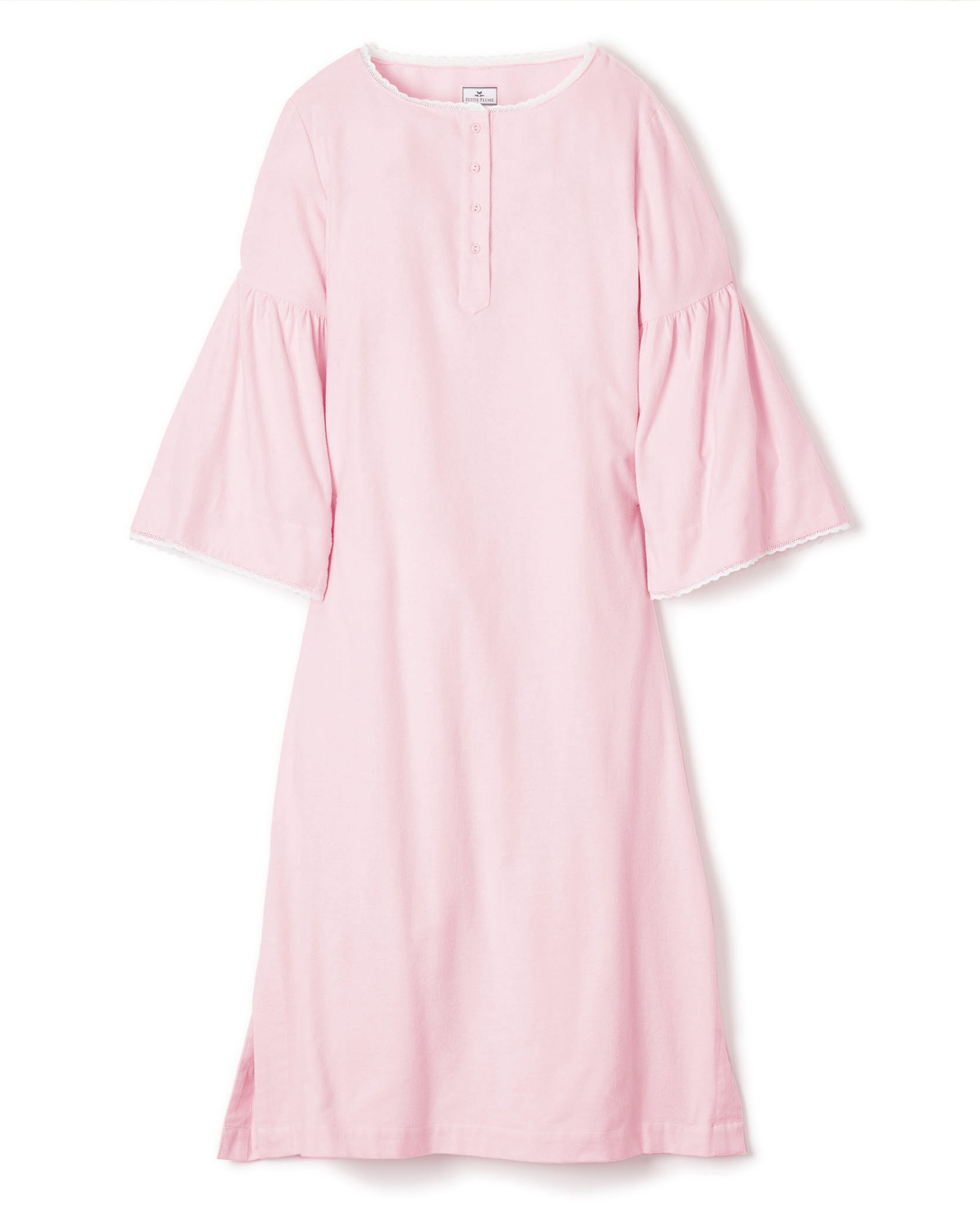 The Womens Flannel Seraphine Nightgown in Pink by Petite Plume features three-quarter bell sleeves, a round neckline, and a buttoned placket. Made from soft fabric, it falls just above the knee with subtle side slits for comfort and style.