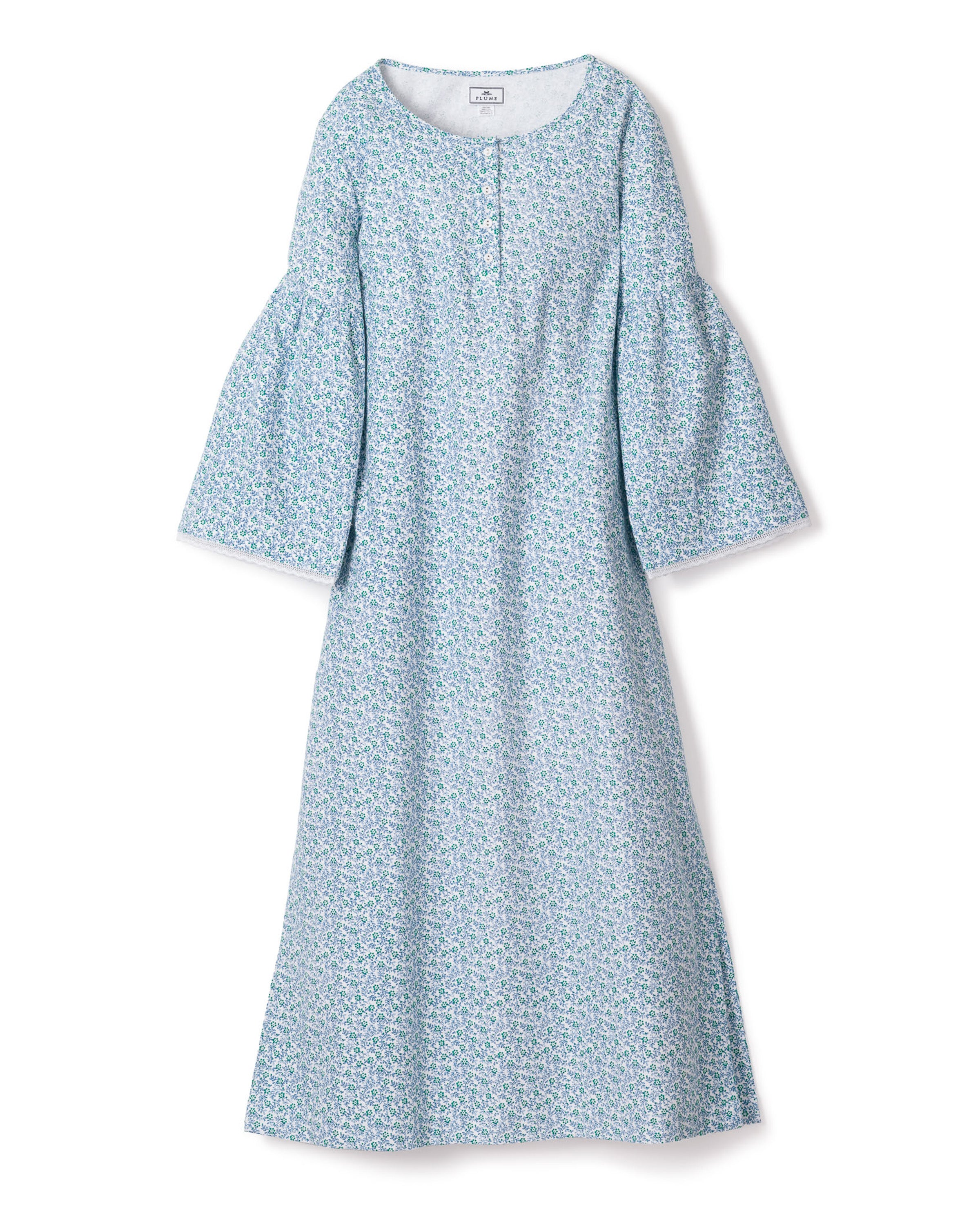 Petite Plumes Womens Flannel Seraphine Nightgown in Stafford Floral is a light blue, long-sleeve dress with intricate floral print, crafted from high-quality cotton. It features wide bell sleeves and a knee-length hem.