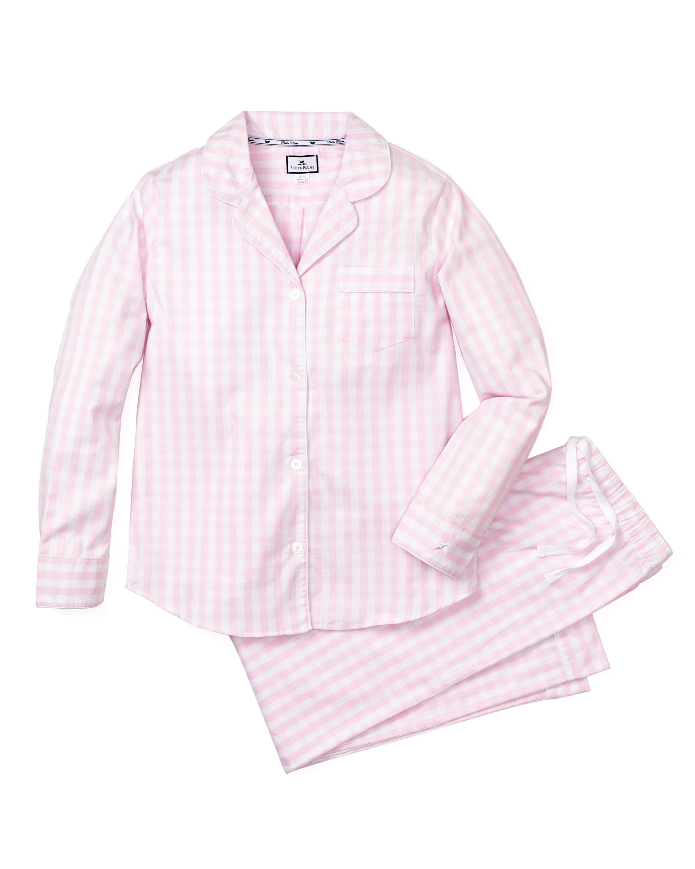 The Petite Plume Womens Twill Pajama Set in Pink Gingham includes a soft cotton long-sleeved button-up shirt with a chest pocket and matching pants with a white drawstring.